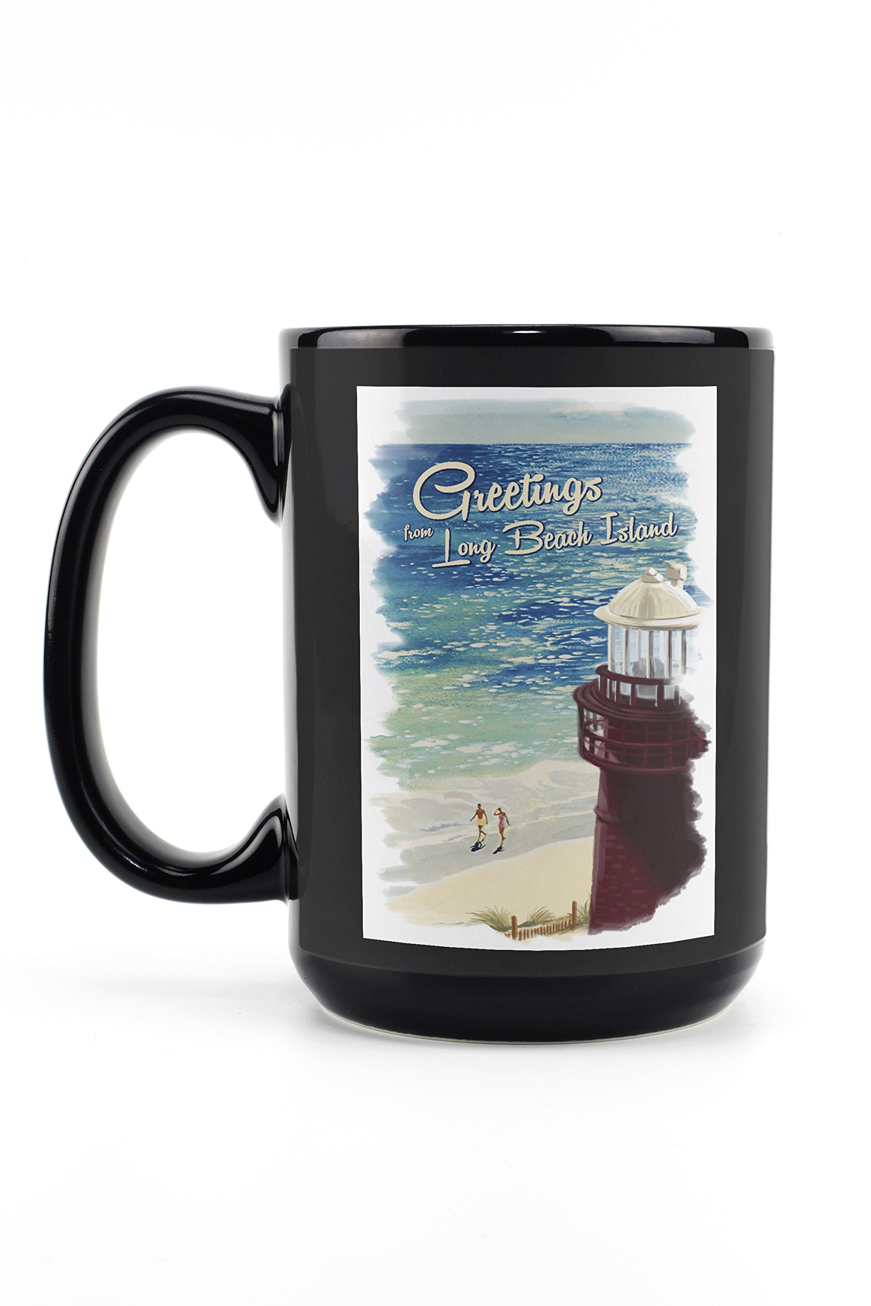 Lantern Press Greetings LBI Beach Scene Vignette Mug - 15oz Black Ceramic Coffee & Tea Cup | Dishwasher & Microwave Safe | Perfect for Beach Lovers & Coastal Home Decor