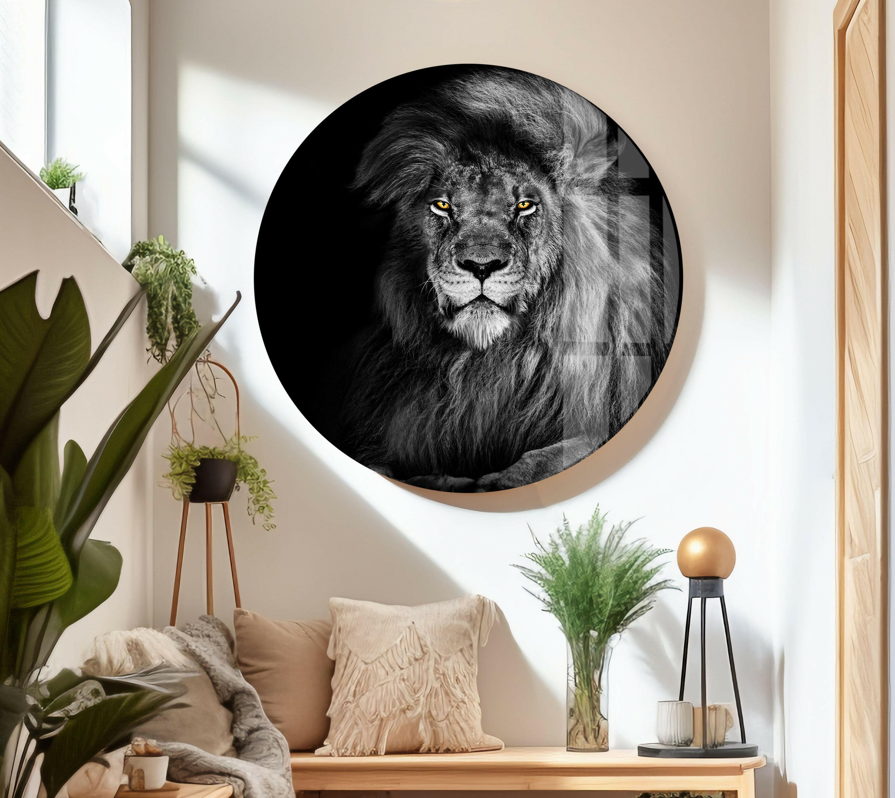 Black Wild Lion Glass Wall Art - Stunning Handmade Decor for Living Room, Bedroom & Office - Perfect Modern Home & Office Decoration
