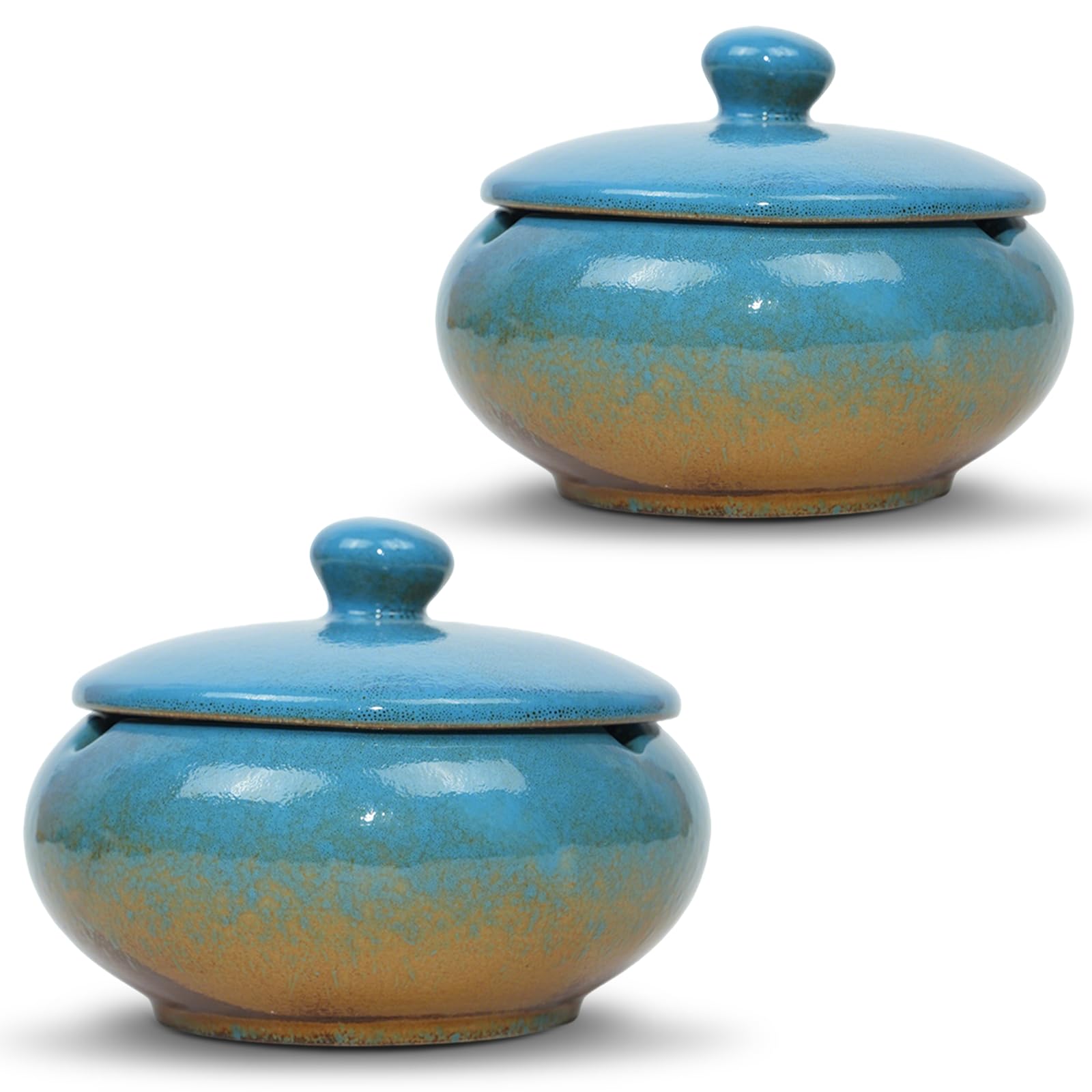 Windproof Ceramic Ashtray with Lid 2 Pack - Heavy Duty 4.3 Inch Indoor Outdoor Ashtray, 3-Compartment Smokers Holder - Perfect for Desktop, Patio, Bar, Office, Home & KTV Decor - Ideal Gift for Men & Modern Home Accessories
