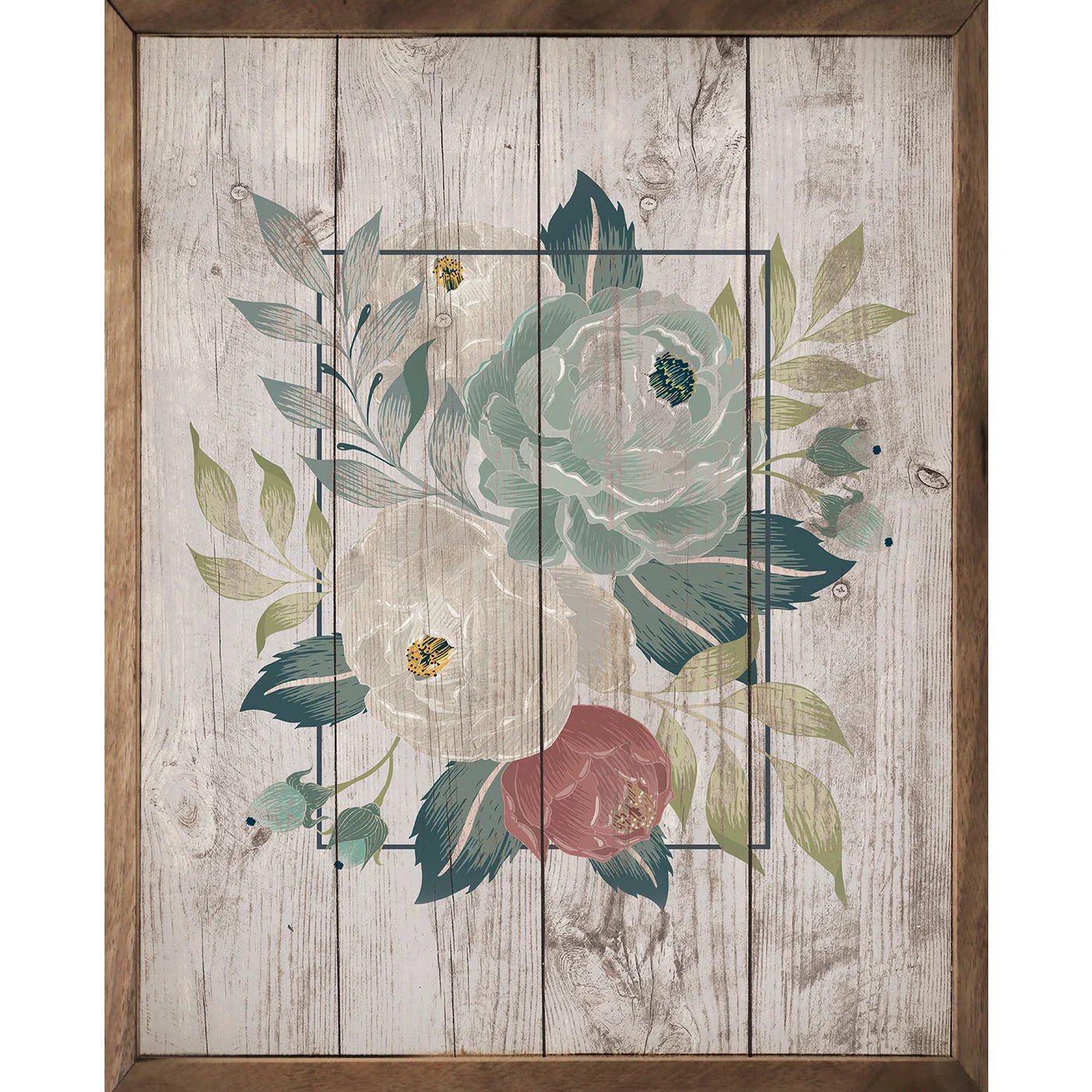 Elegant Brown and Green Floral Wood Framed Wall Art - Vintage Botanical Print for Living Room, Bedroom & Office Decor