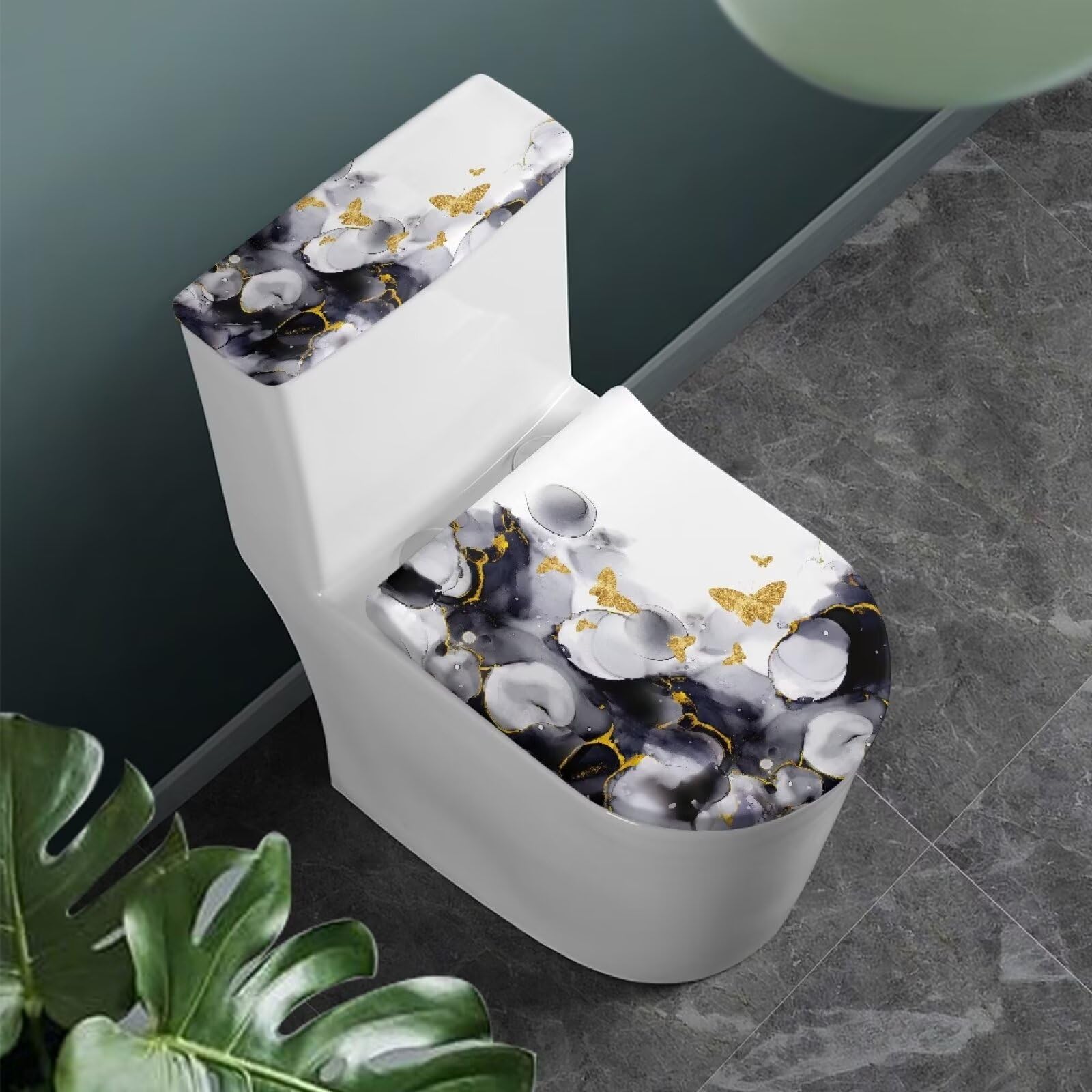 Washable Elastic Toilet Seat Cover - Soft Polyester Fabric Bathroom Lid Cover with Stretchable Edges, Stain-Resistant & Easy to Install (Gold Butterfly) - Perfect for Home, Hotel & Guest Bathroom Decor