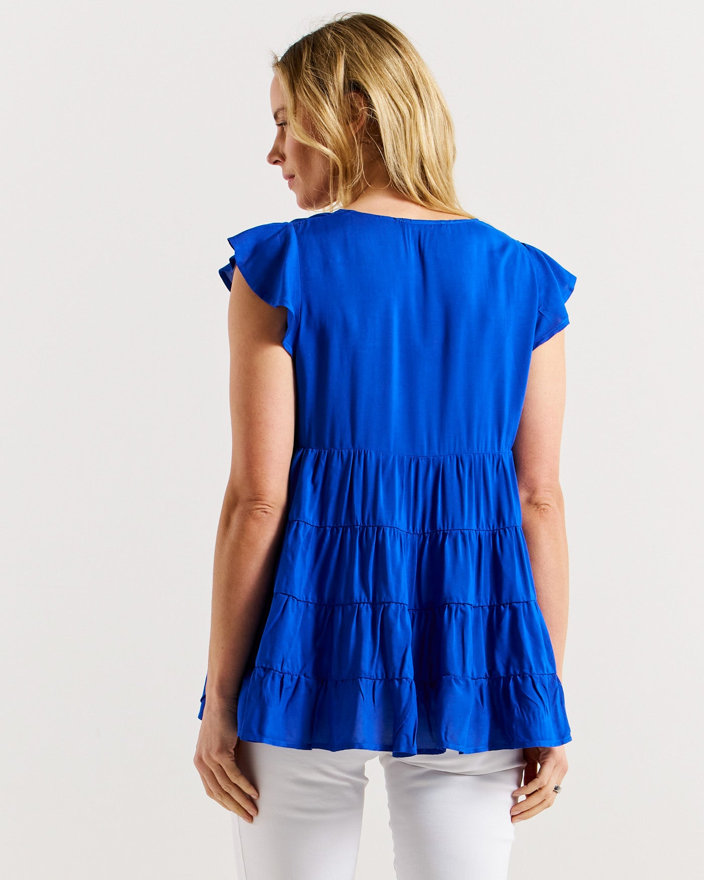 Betty Basics Danica Frill Top Women's Fashion Blouse - Cobalt Blue Ruffled Shirt for Casual Wear, Date Night & Office Outfits