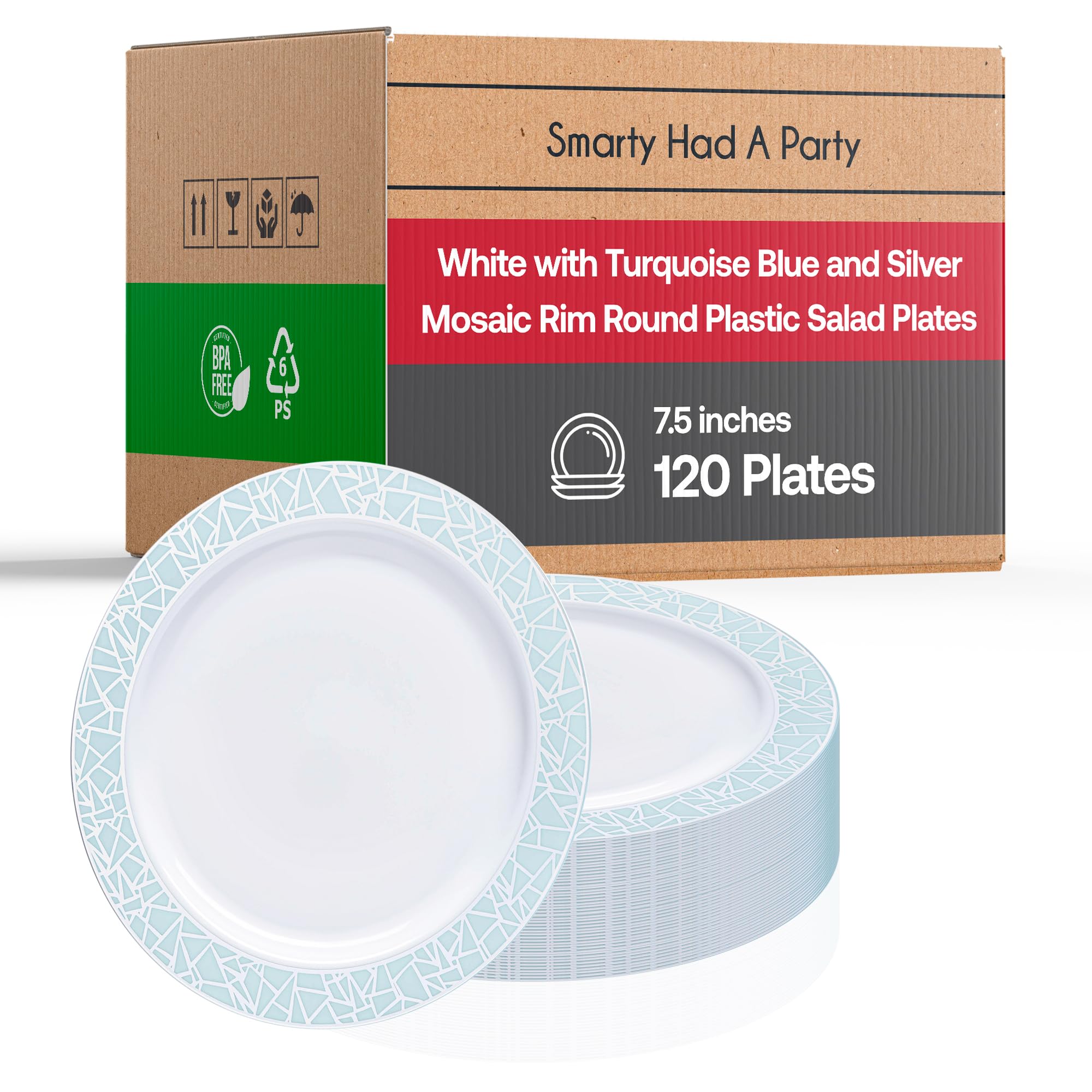 Elegant Disposable Plastic Dessert Plates 120 Pcs - 7.5 Inch Heavy Duty Salad Plates - White with Blue & Silver Mosaic Appetizer Plates - Bulk Catering Party Supplies for Wedding, Birthday, Baby Shower & All Events - Perfect for Dessert Buffets, Cocktail Parties and Outdoor Gatherings