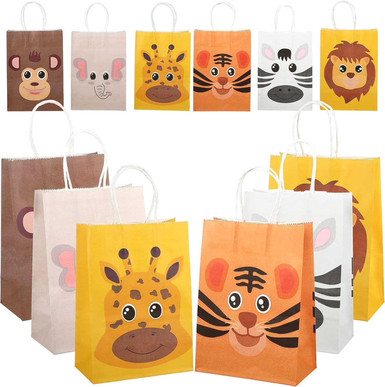 12 Pack Jungle Animal Themed Kraft Paper Treat Bags with Handles - Safari Baby Shower & Kids Birthday Party Favors - Perfect for Candy, Goodie Gifts & Party Decorations