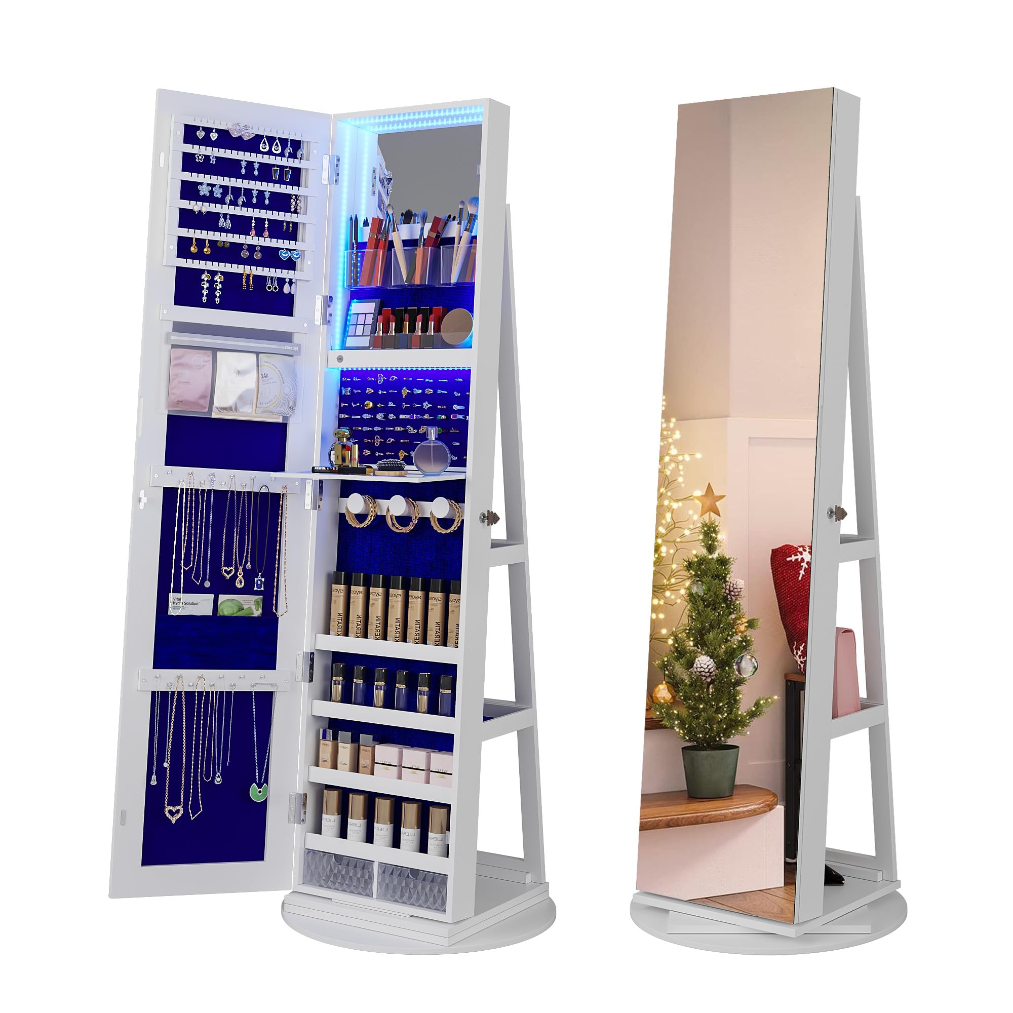 HNEBC 360° Swivel Jewelry Cabinet with LED Lights - Standing Jewelry Armoire Organizer with Rotating Mirror & Full-Length Mirror - White Jewelry Storage for Bedroom, Closet & Dressing Room