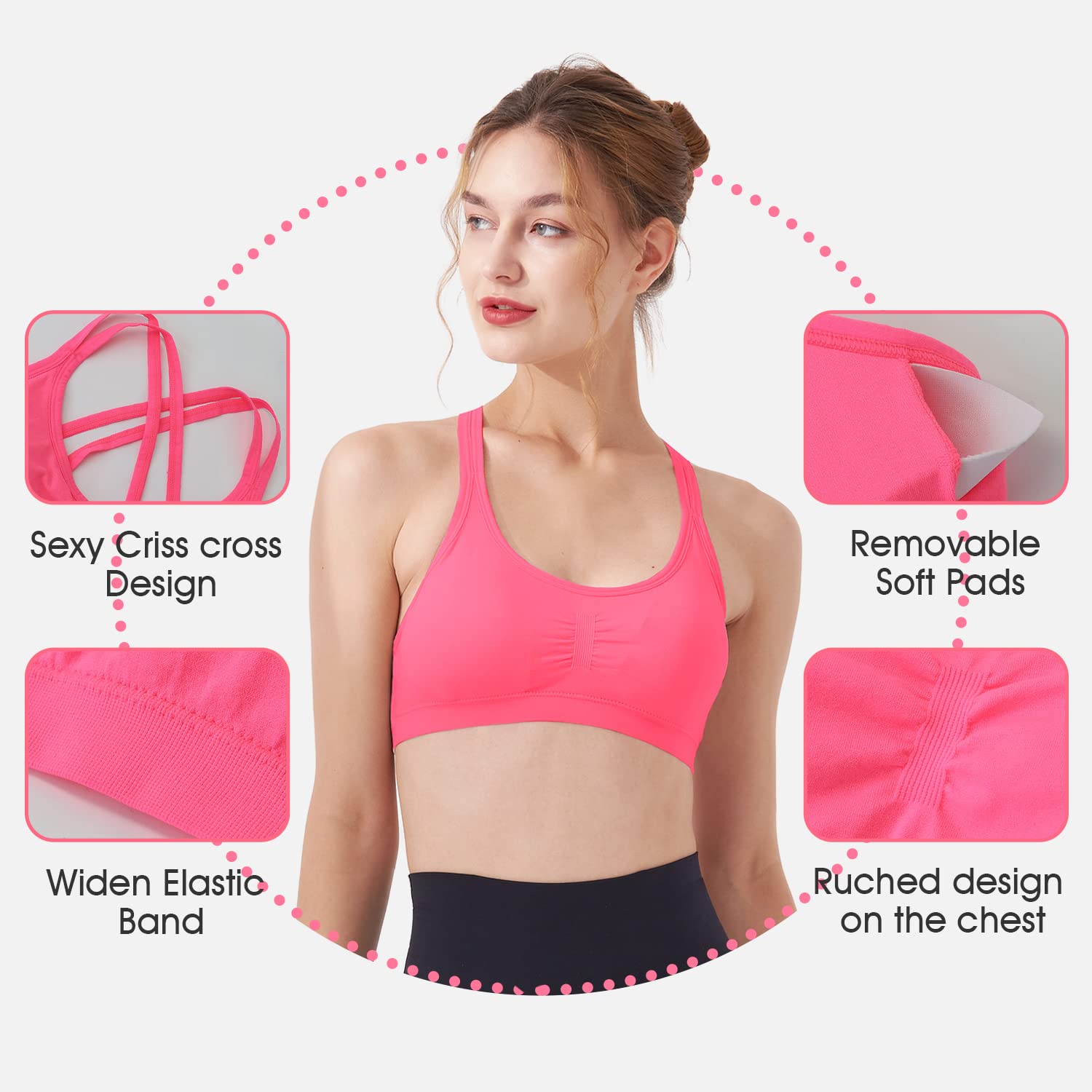 DREAM SLIM Women's 3 Pack Cross Back Strappy Sports Bra - Comfortable Medium Impact Wireless Bralette for Yoga, Workout & Gym - Breathable Seamless Activewear for Running, Pilates & Fitness Training