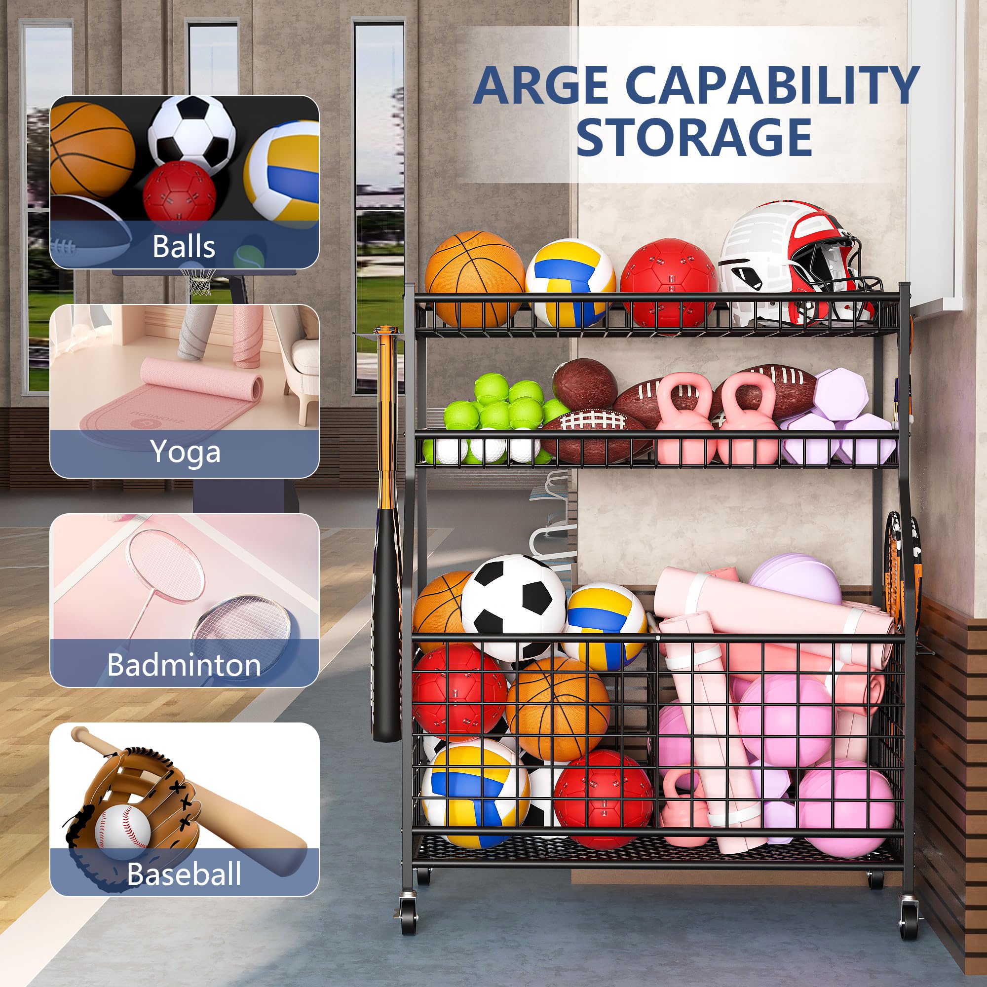 Sports Equipment Organizer - Heavy Duty Garage Storage Rack for Balls & Gear | Black Space-Saving Cart | Perfect for Basketball, Soccer & Baseball Organization