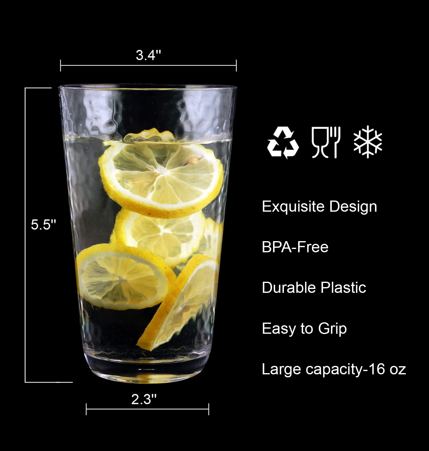 16 oz Unbreakable Plastic Highball Drinking Glasses - Set of 8 BPA-Free Tumblers for Water, Soda, Juice & Iced Tea - Durable Party Cups for Indoor/Outdoor Use, BBQs, Picnics & Home Entertaining