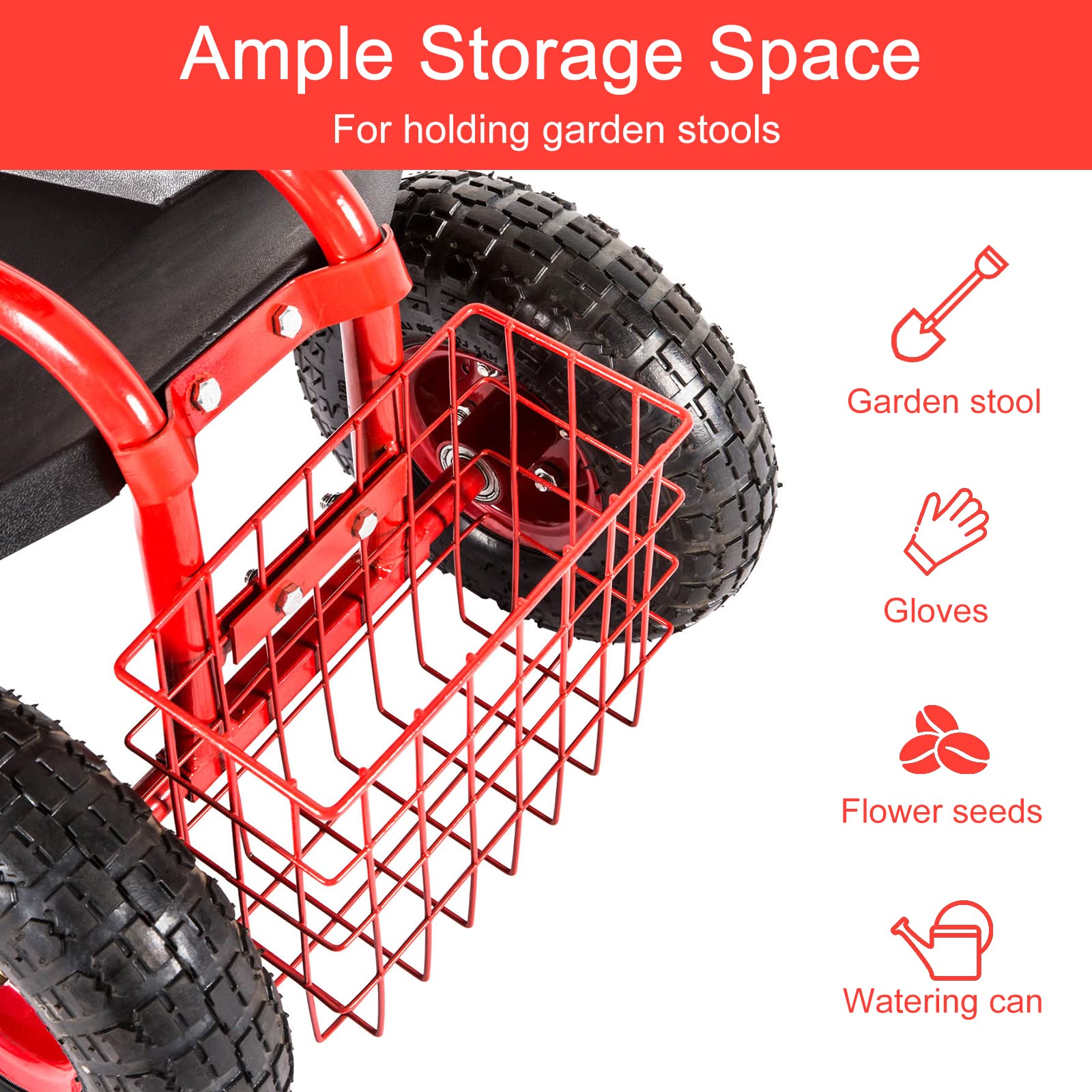 Kinfant Rolling Garden Cart Scooter Stool - Heavy Duty Wheeled Gardening Cart with Adjustable Handle & 360° Swivel Seat | Perfect for Outdoor Gardening, Landscaping & Yard Work (Red)