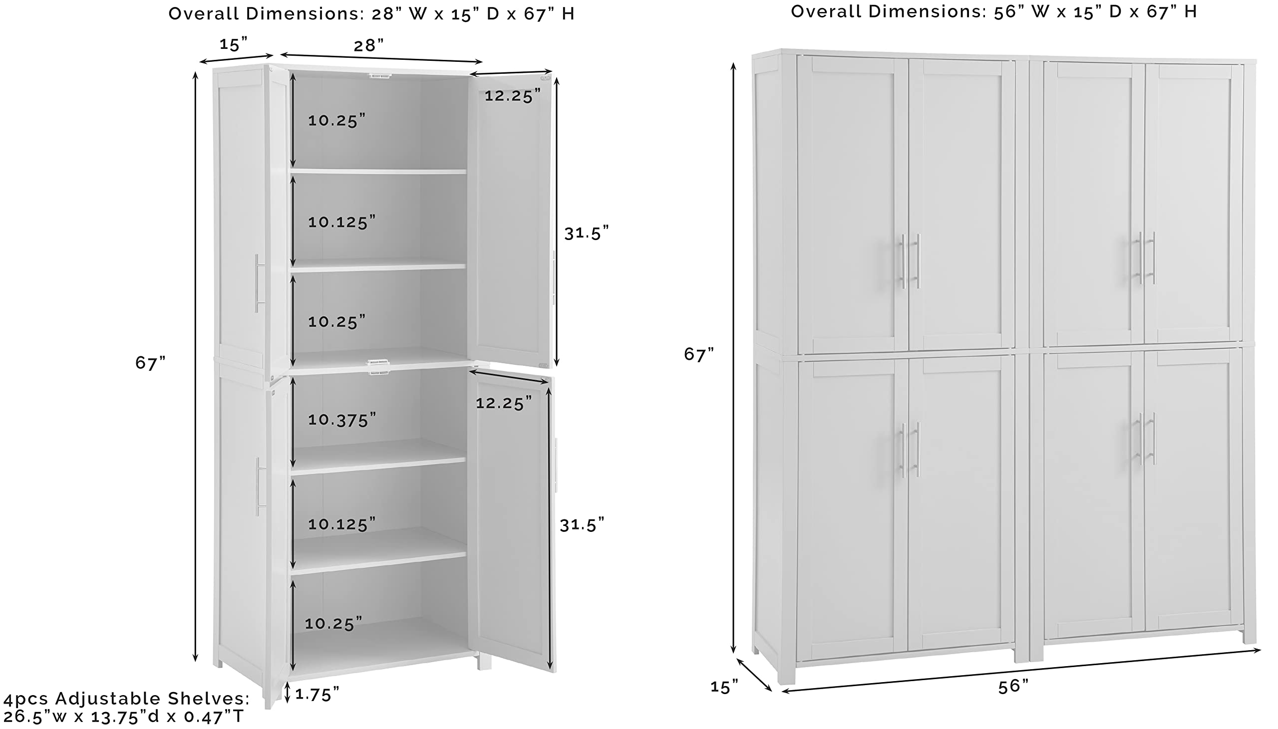 Crosley Furniture Savannah 2-Piece White Pantry Storage Cabinet Set with Adjustable Shelves for Kitchen, Dining Room & Laundry Room Organization | Space-Saving Home Storage Solution