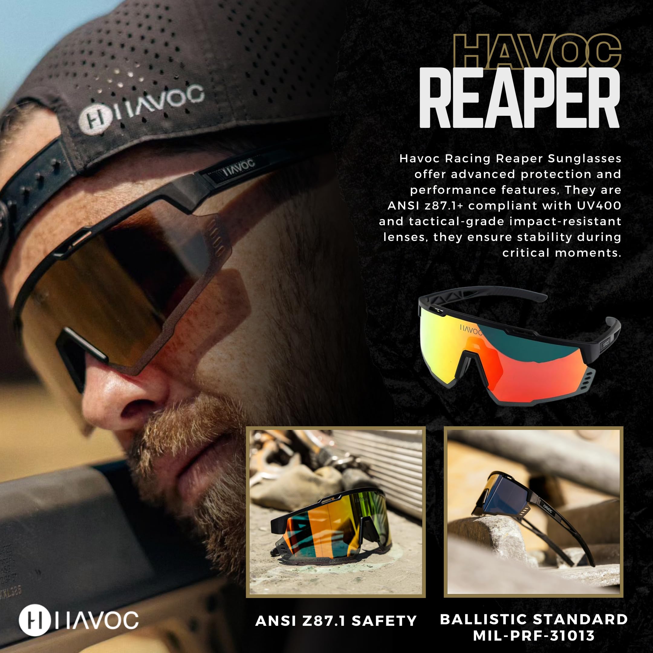 Havoc Racing Reaper Z87+ Safety Sunglasses - Tactical UV400 Protection Anti-Fog Anti-Sweat Sunglasses for Motorcycle Riding, Shooting & Outdoor Sports