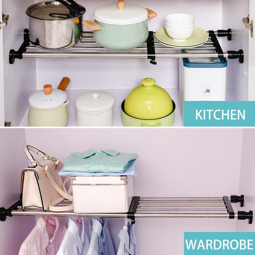 Hershii Expandable Closet Organizer - Adjustable Tension Shelf Rod, 23.62-39.37 Inches Metal Storage Rack for Wardrobe, Cabinet, Kitchen & Bathroom - Space Saving DIY Divider (Black) - Perfect for Small Spaces & Closet Organization