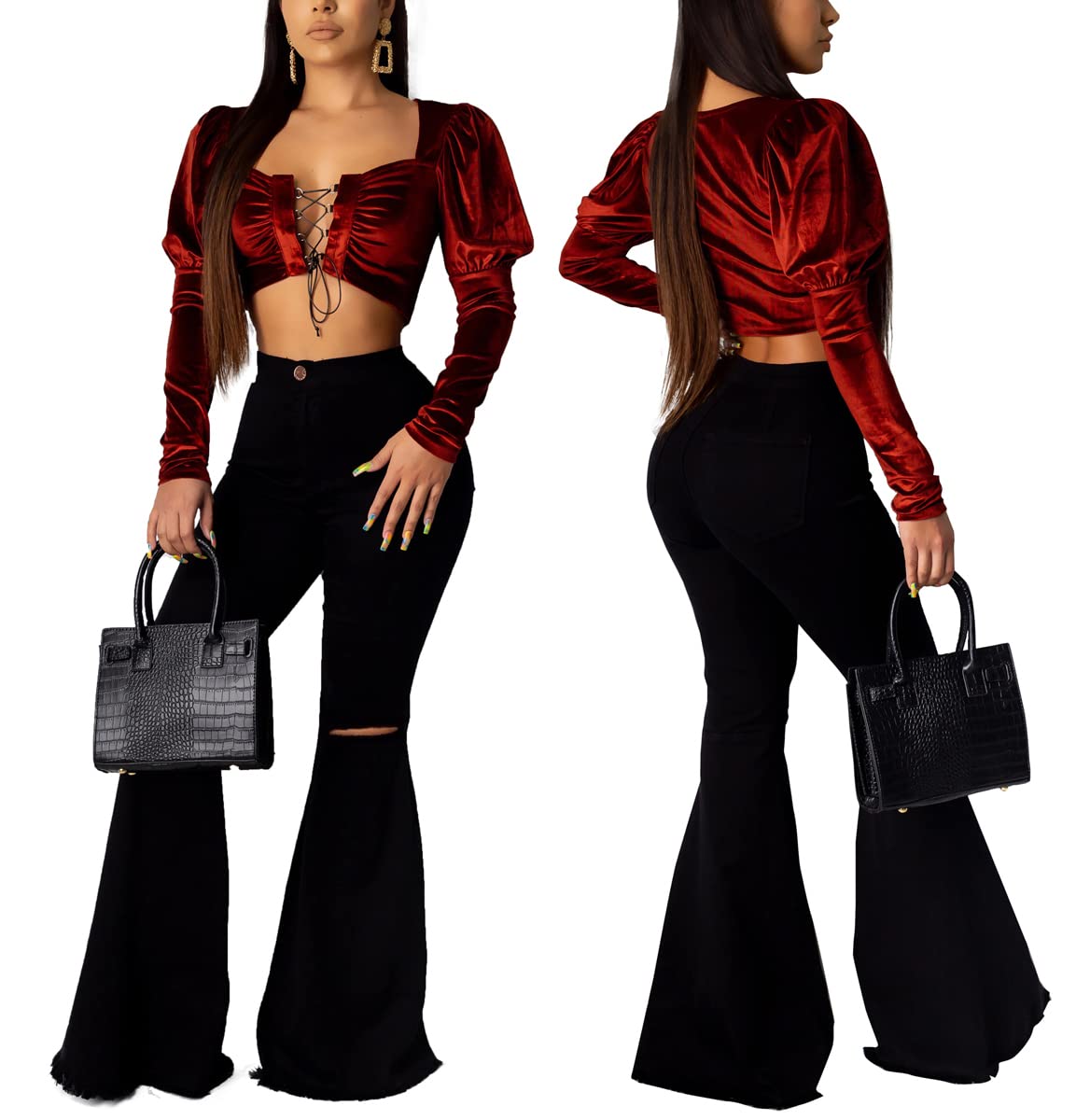 Women's Skinny Ripped Bell Bottom Jeans - High Waisted Flared Pants for Casual & Retro Style | Perfect for 70s Vintage Outfits, Date Nights & Music Festivals