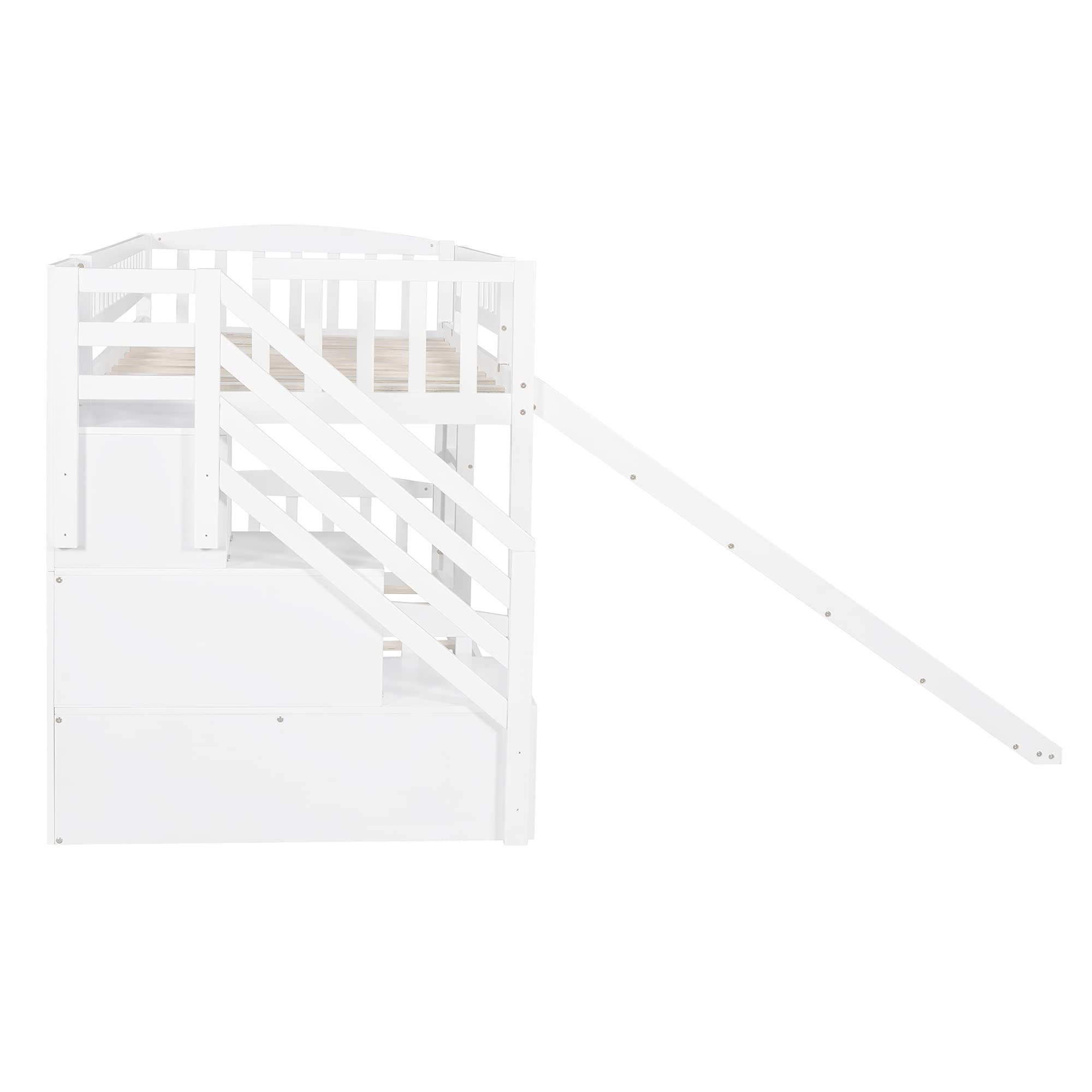 Kids Twin Over Twin Low Bunk Bed with Slide, Ladder & 2 Drawers - Solid Wood Floor Bunk Bed for Boys & Girls - Perfect for Small Bedrooms, Shared Kids Rooms & Space-Saving Sleep Solutions