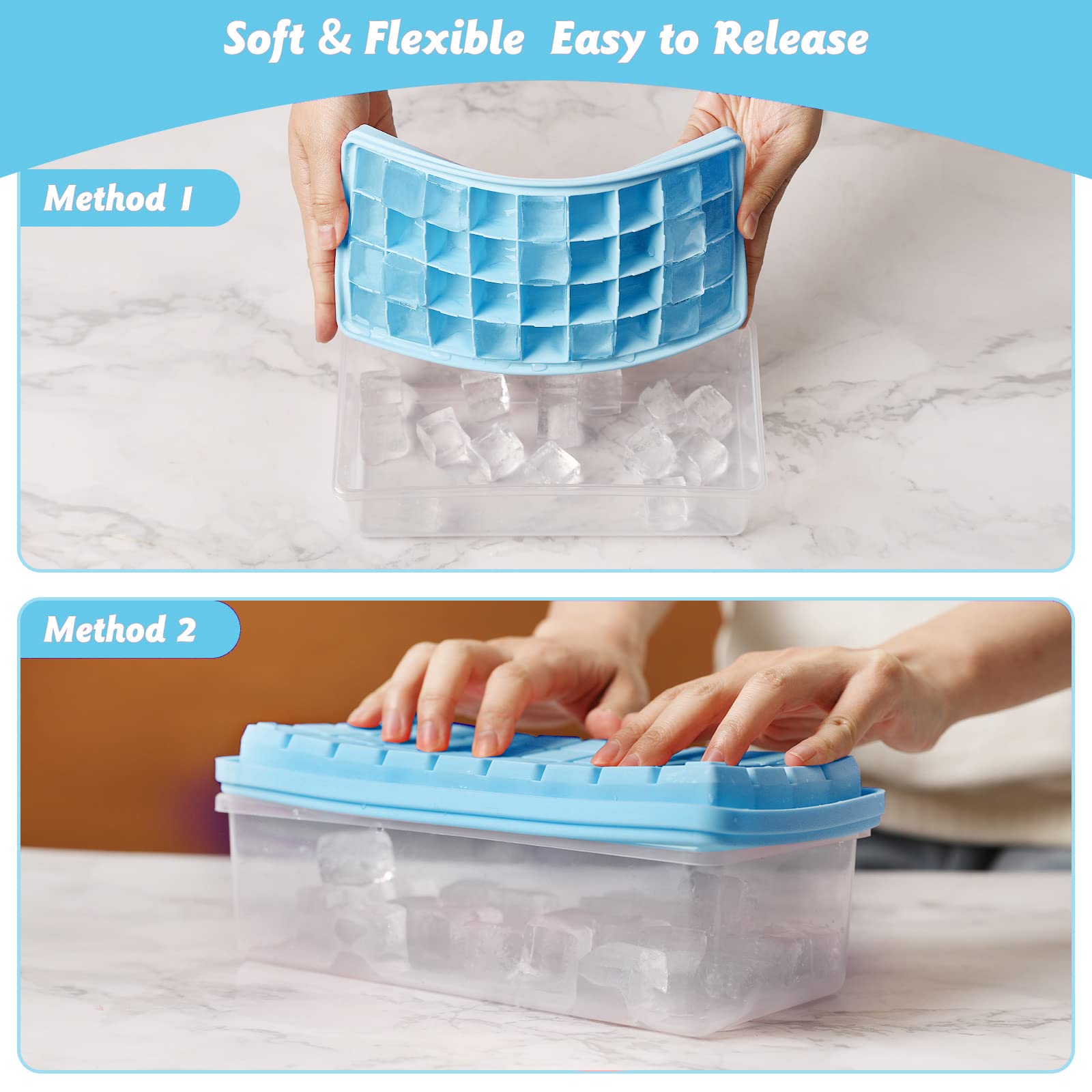 Premium Food-Grade Silicone Ice Cube Tray Set - 2 Pack 36-Cube Molds with Lid, Storage Bin & Scoop | BPA-Free, Flexible & Easy Release | Perfect for Cocktails, Iced Coffee & Home Freezer Organization