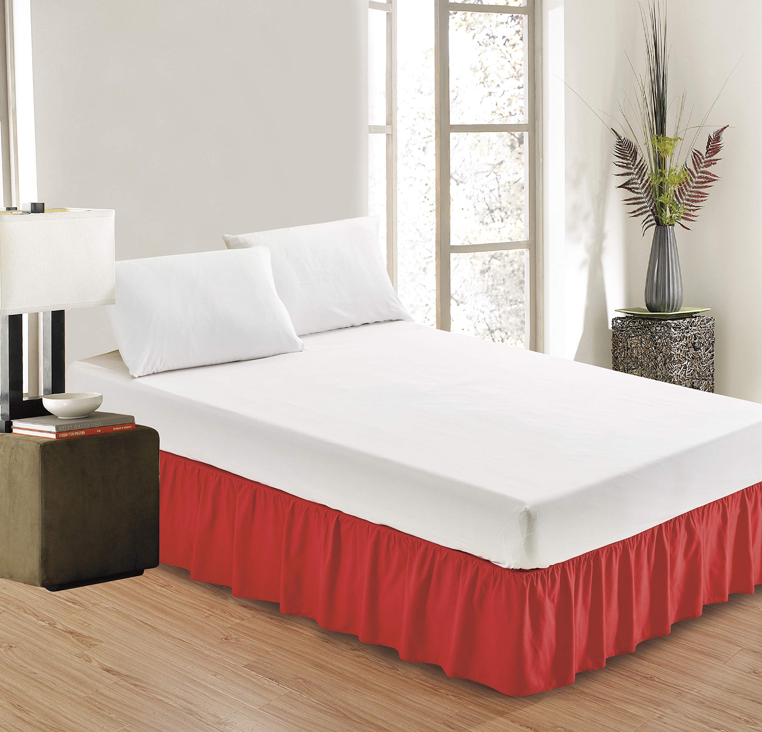 Luxury Microfiber Wrap Around Bed Skirt - 14 Inch Drop Hotel Quality Ruffled Bedding for Twin Size (Red) | Perfect for Guest Rooms, Master Bedrooms & Airbnb Listings