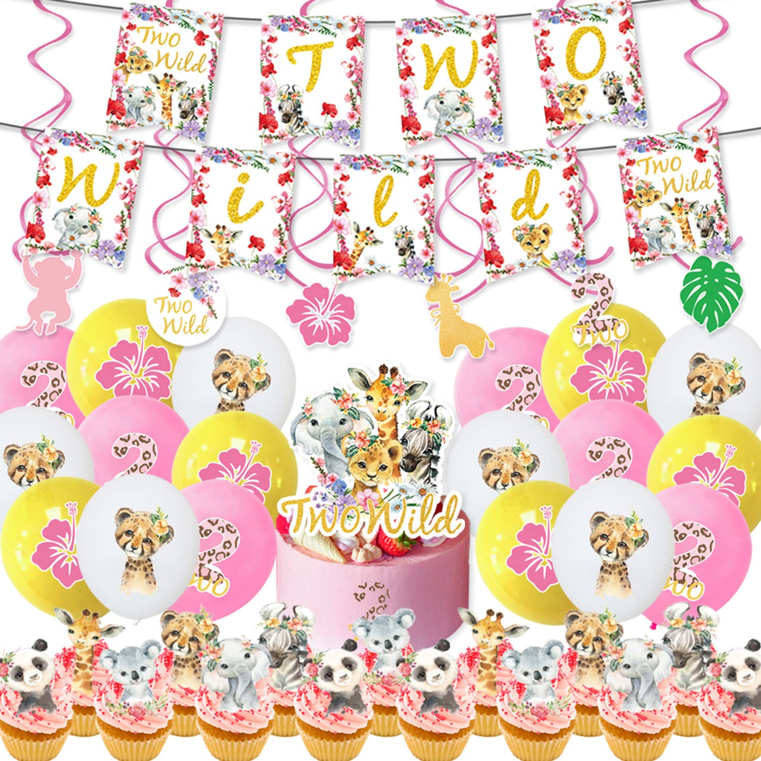 2nd Birthday Party Decorations Set - Wild Jungle Theme with Banner, Cake Toppers & Balloons | Perfect for Toddler's Birthday, Baby Shower & Jungle Themed Events (BD-Wild Two)