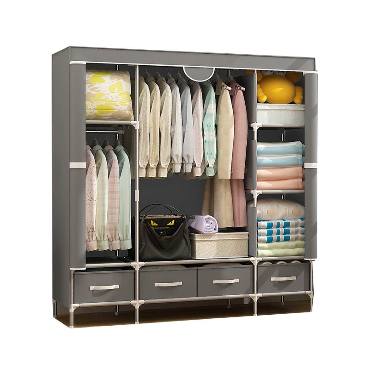 BYCDD Portable Cloth Storage Wardrobe - Steel Pipe Shelves Closet Organizer for Bedroom, Gray (150x45x170cm/59x18x67in) | Space-Saving Clothes, Shoes & Hats Storage Solution for Small Apartments & Dorm Rooms