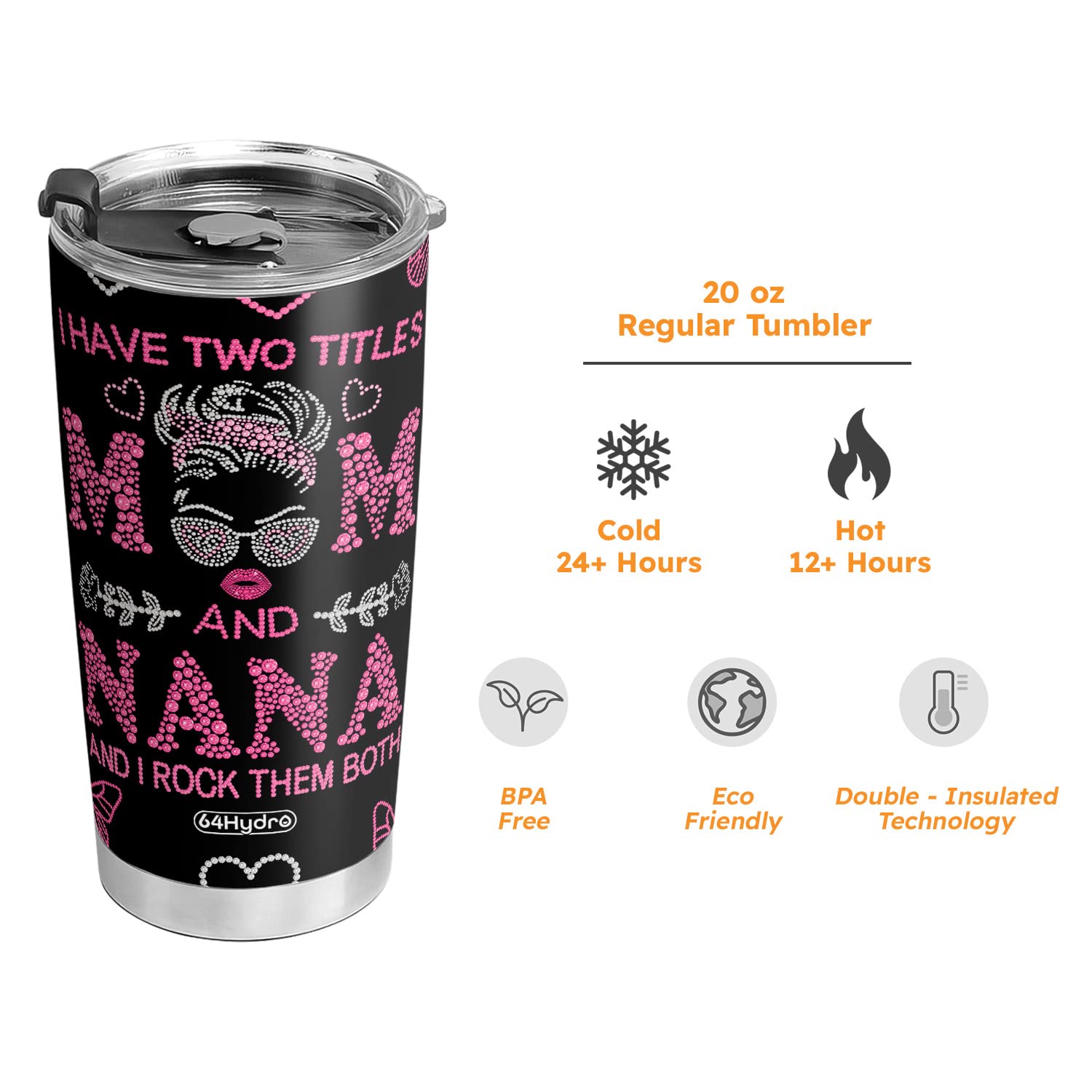 64HYDRO 20oz Insulated Tumbler Cup with Lid - Pink Vacuum Insulated Travel Coffee Mug for Women, Perfect Birthday Gift for Mom, Grandma, Nana - Great for Office, Gym, Travel & Daily Use