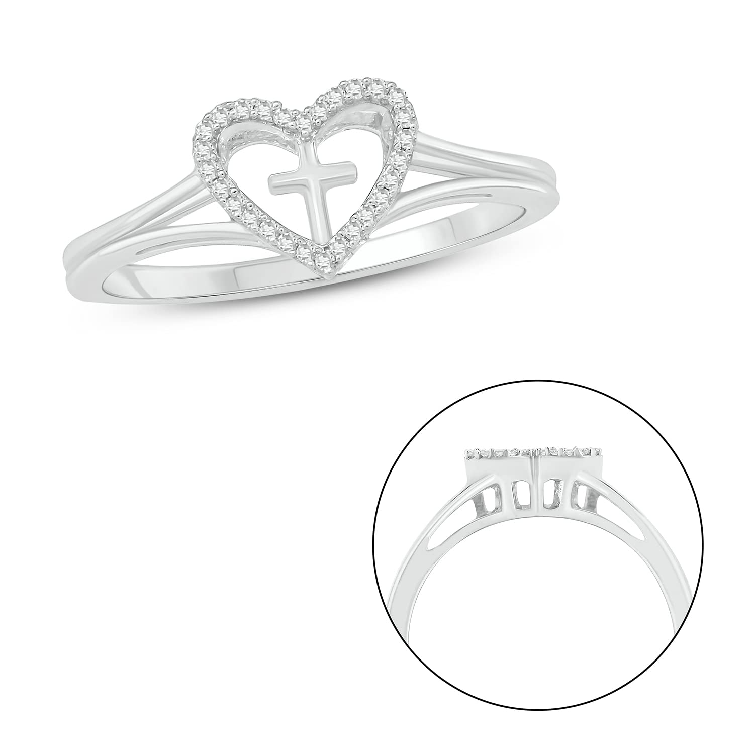 1/20 CT Natural Diamond Heart Cross Ring for Women - Elegant Religious Jewelry, Promise Ring & Romantic Gift for Her - Perfect for Valentine's Day, Anniversary & Special Occasions