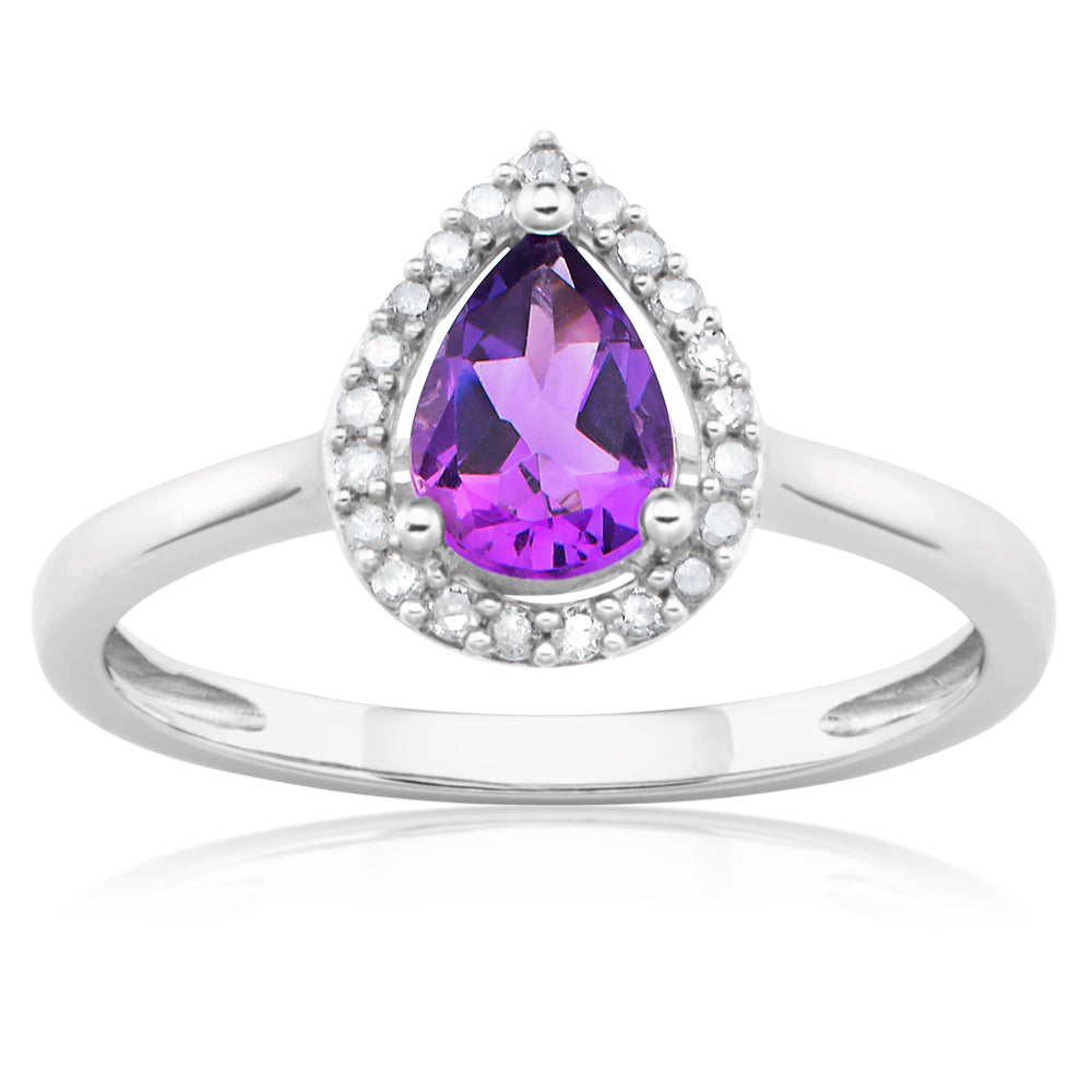9ct White Gold Amethyst & Diamond Pear Shape Ring for Women - Elegant Engagement, Wedding & Anniversary Jewelry Gift