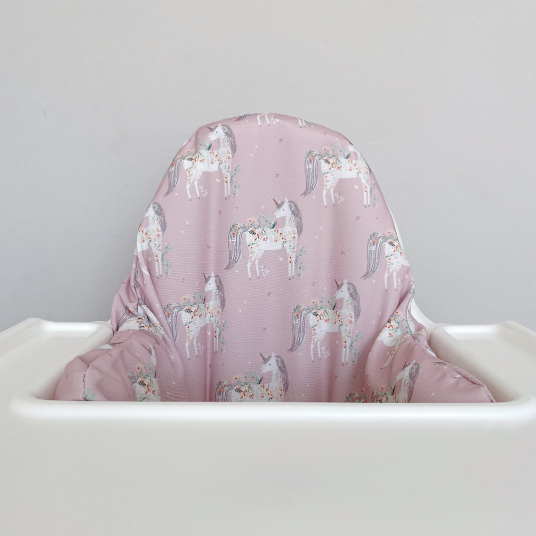 IKEA Highchair Cushion Cover - Pink Floral Unicorns Print Waterproof Replacement Cover for Baby Feeding Chair - Perfect for Nursery, Dining Room & Family Mealtime