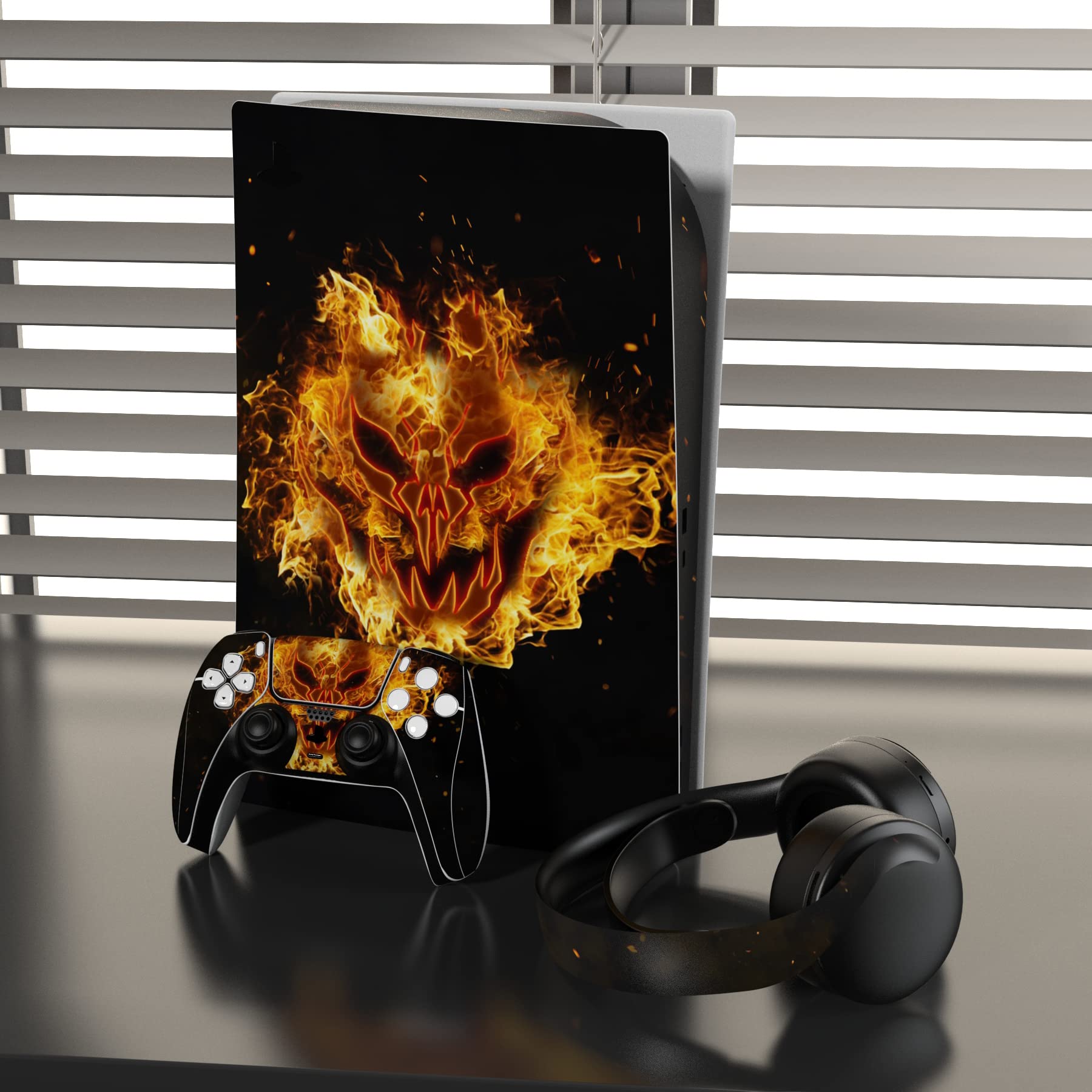 PlayVital PS5 Controller Skin Sticker Set - Protective Decals for Standard Console, Controller, Charging Station & Headset - Fire Demon Design | Gaming Accessories for PS5 Enthusiasts & Home Entertainment Setup