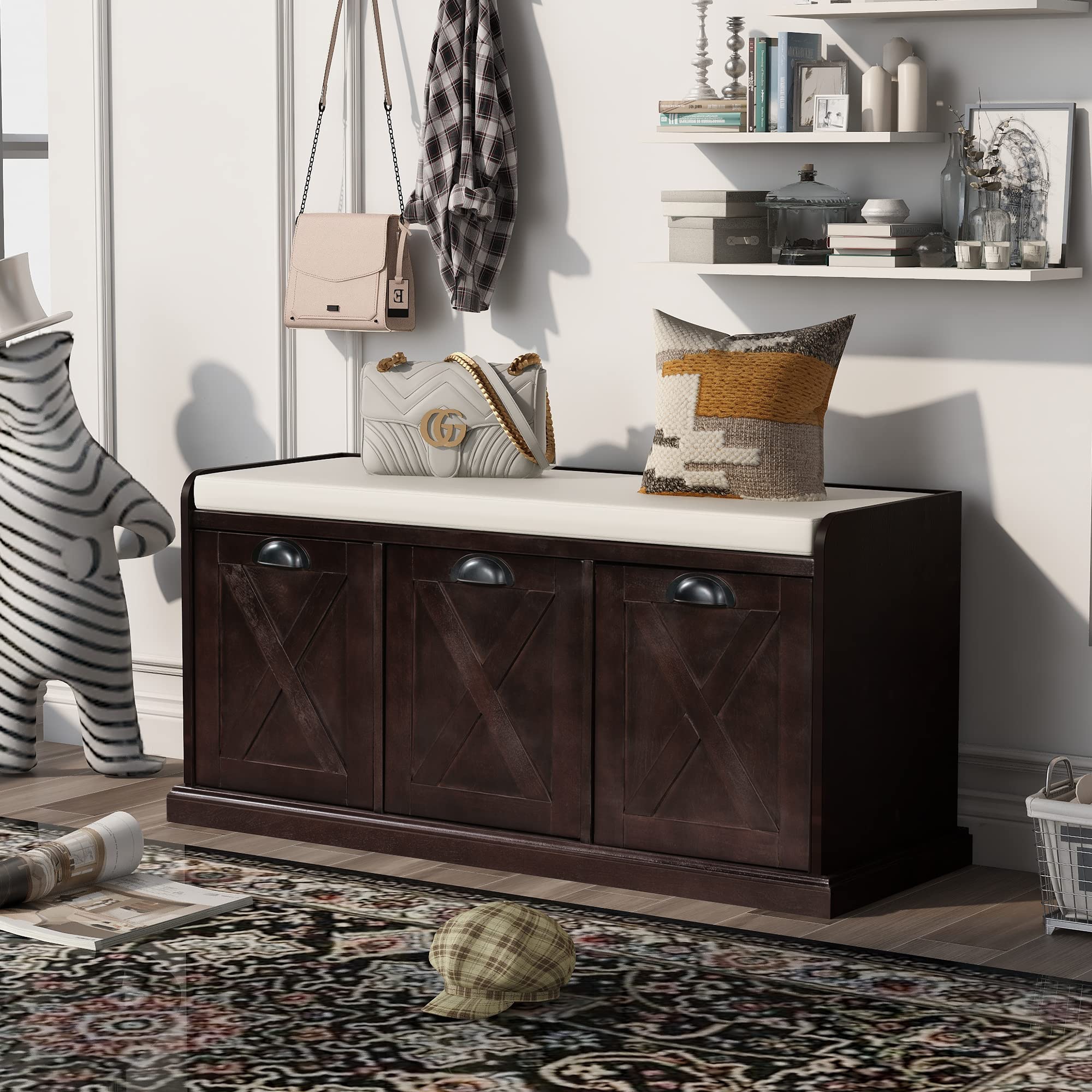 Rustic Wooden Storage Bench with 3 Drawers & Removable Cushion - Entryway Shoe Bench Ottoman Cabinet for Hallway, Living Room, Bedroom - Perfect for Organizing Shoes, Hats & Home Decor (Espresso)