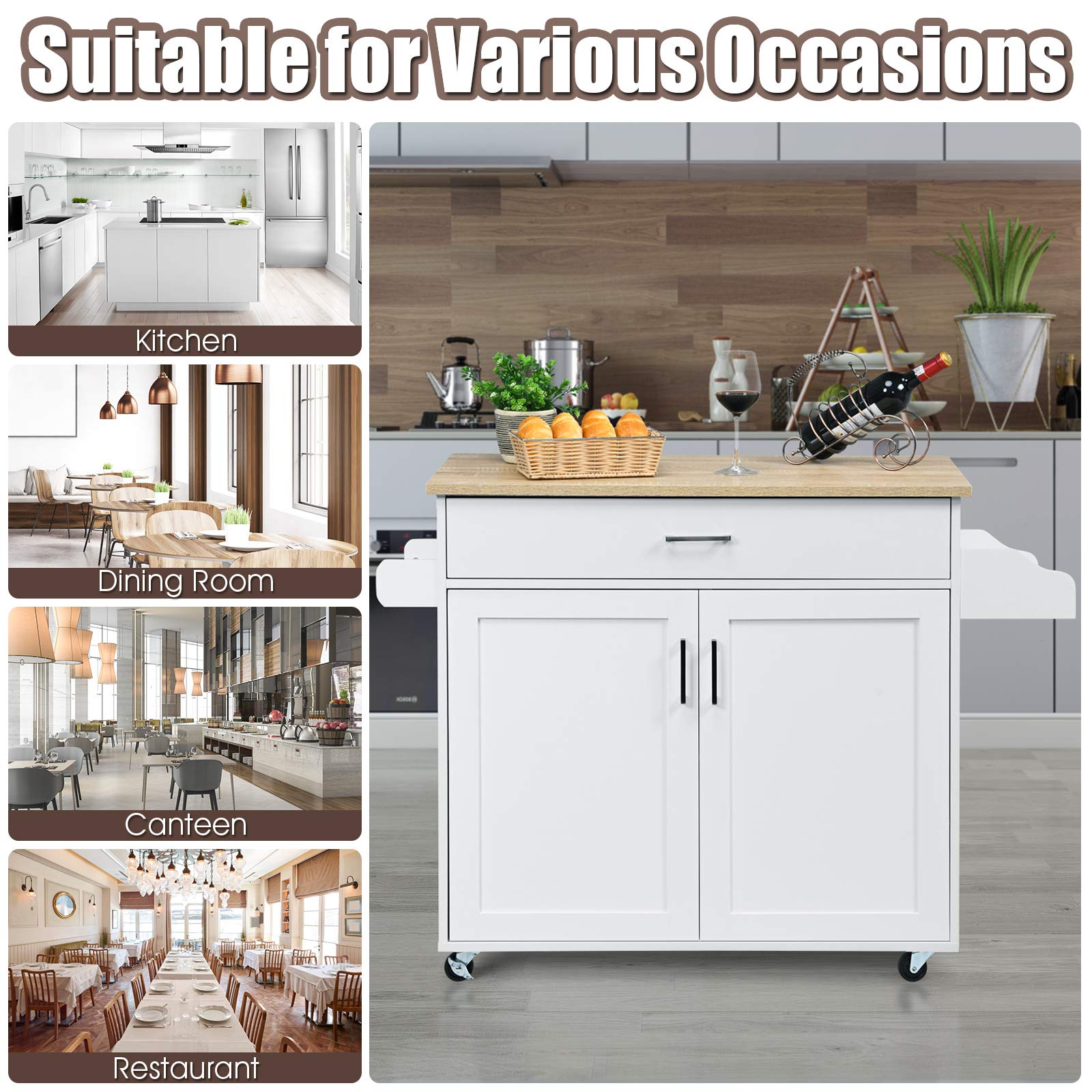Giantex White Kitchen Island Cart with Spice Rack, Towel Holder, Large Drawer & 2-Door Cabinet - Mobile Kitchen Trolley on Lockable Wheels for Home, Restaurant & Small Space Cooking - Perfect for Meal Prep, Storage & Serving