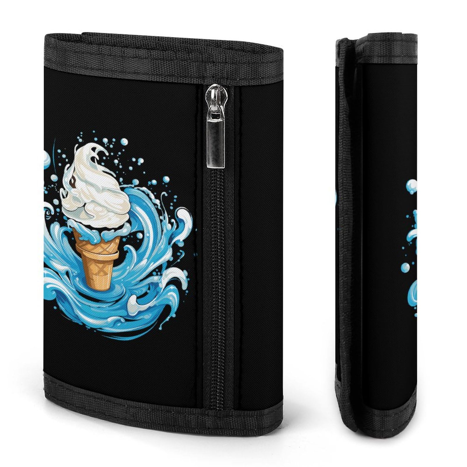 Elegant Ice Cream Watercolor Trifold Wallet with 12 Card Slots & Keychain - Slim RFID Blocking Purse Organizer for Women - Perfect for Everyday Use, Travel & Gift Giving