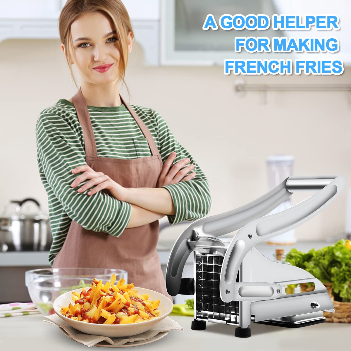 Professional Stainless Steel French Fry Cutter with 2 Blades - Heavy Duty Potato Slicer for Perfect Homemade Fries - Ideal for Restaurants, Home Kitchens & Fast Food Prep