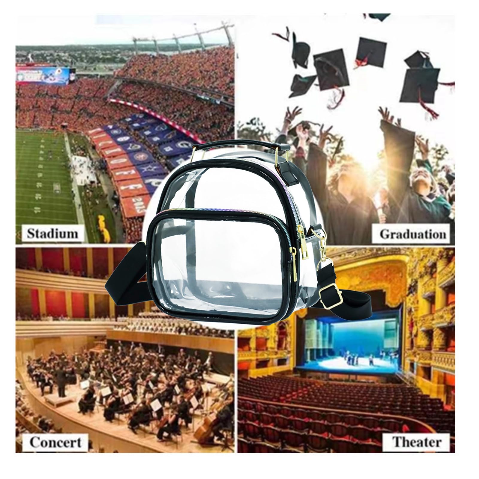 SHLKNKLE Clear Crossbody Bag for Women - Stadium Approved Transparent Shoulder Purse with Adjustable Strap for Concerts, Sports & Events (Black) - Perfect for Music Festivals, Theme Parks & Security Checkpoints