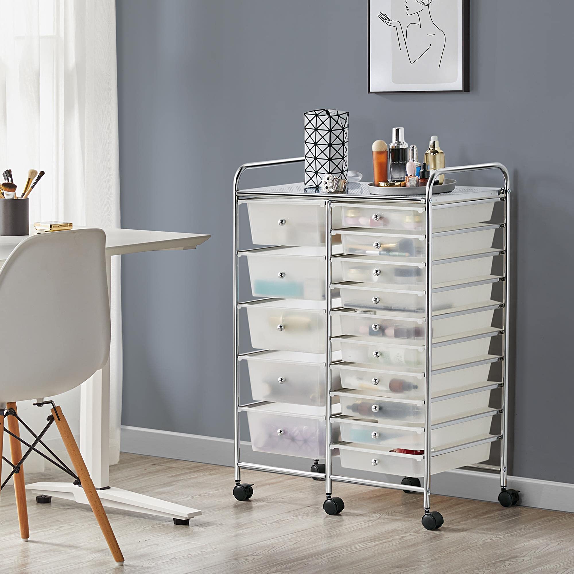 Yaheetech 15-Drawer Rolling Cart - Mobile Storage Organizer for Home & Office, White