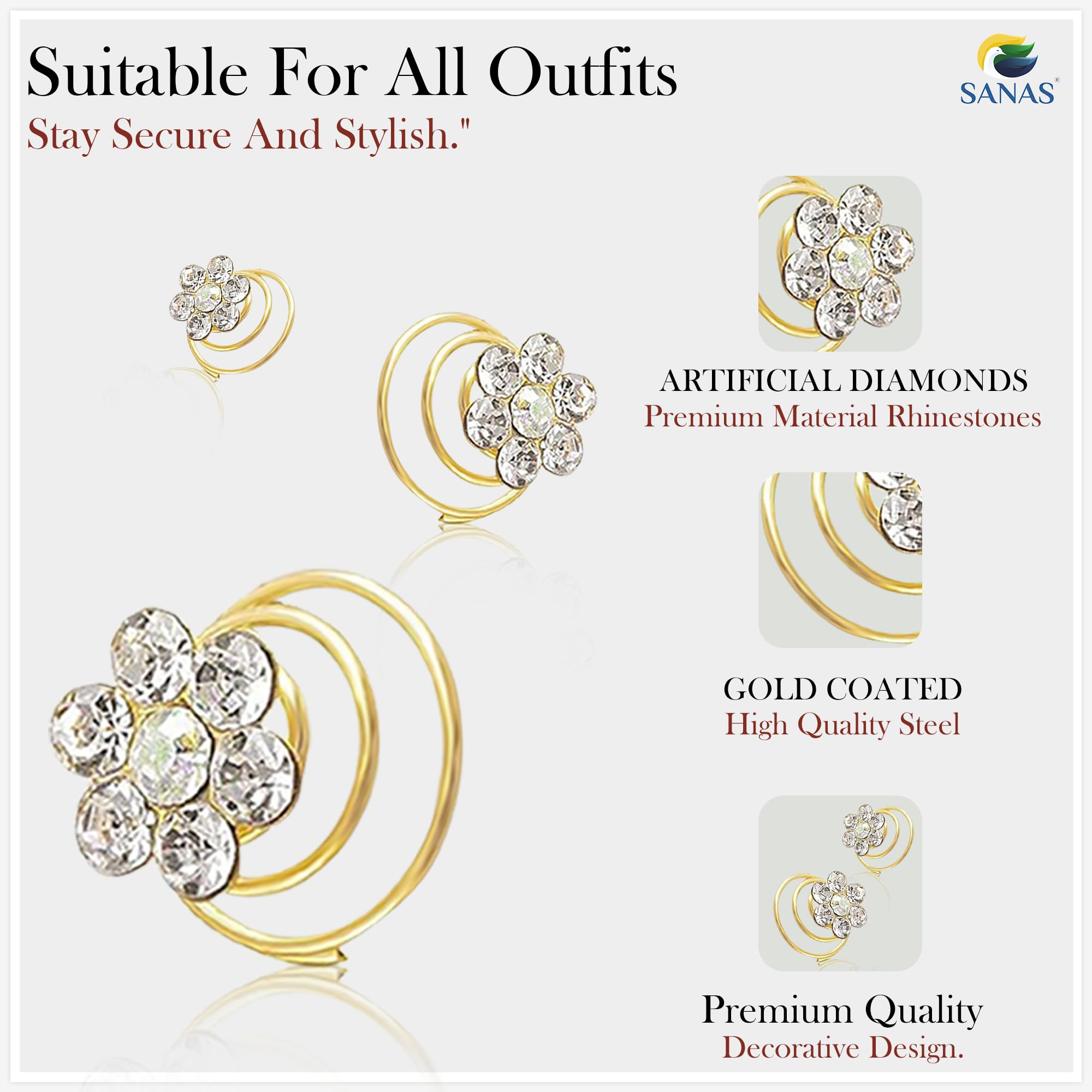 12 Pcs Gold Crystal Rhinestone Spiral Juda Hair Pins for Women & Girls - Elegant Bridal Hair Accessories for Weddings, Prom, Parties & Special Events