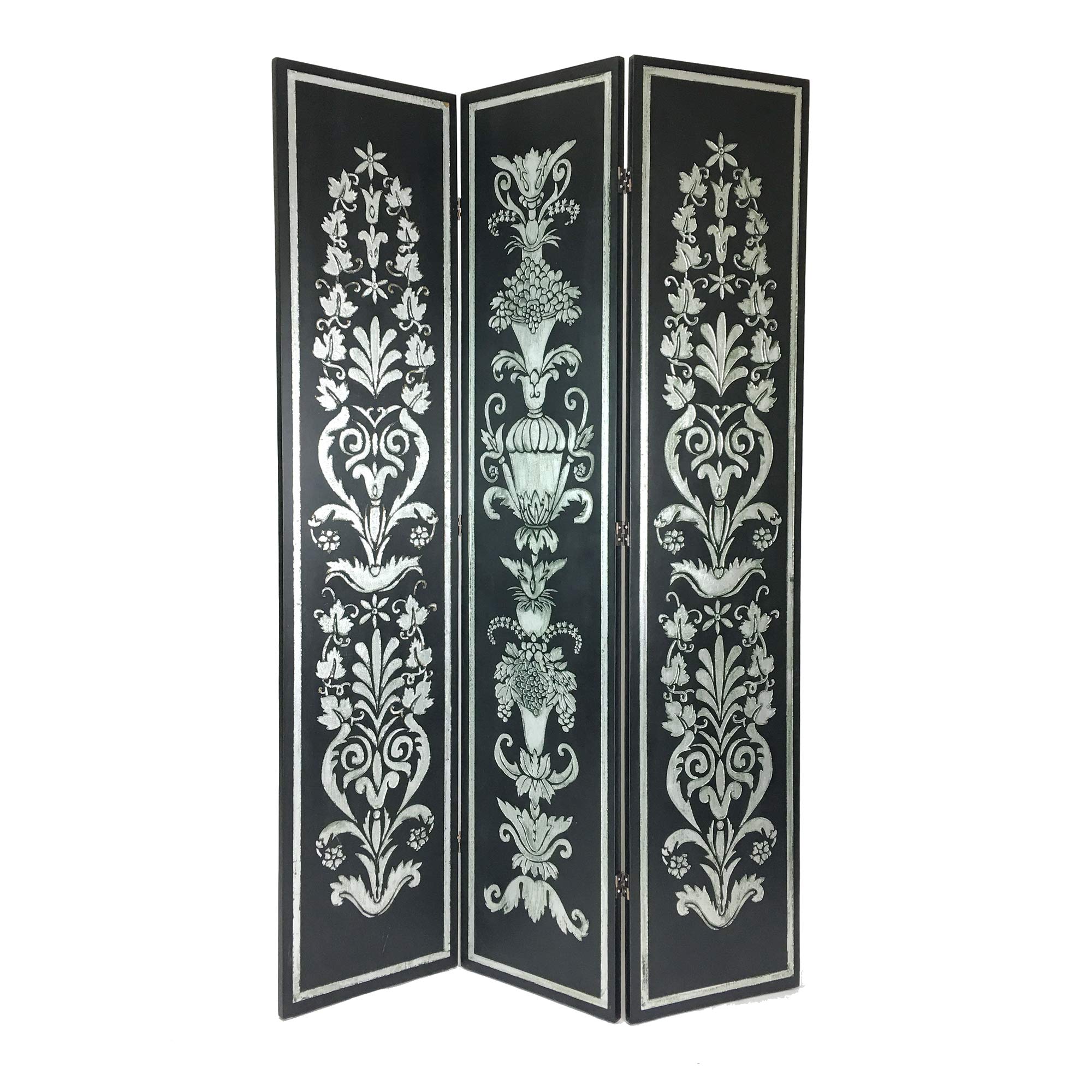Benjara Wooden 3-Panel Room Divider - Double-Sided Motifs for Home & Office Decor