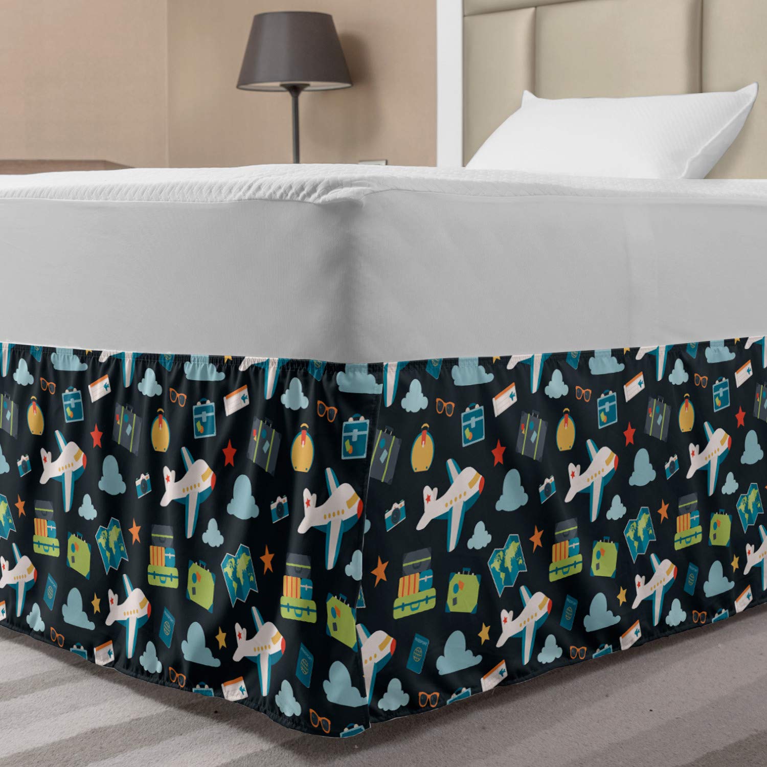 Ambesonne Airplane Themed Bed Skirt - Doodle Style Suitcase, Clouds, Stars & Camera Print - Elastic Wrap Around Gathered Design for Full Size Beds - Colorful Bedroom Decor for Travel Enthusiasts & Kids Rooms