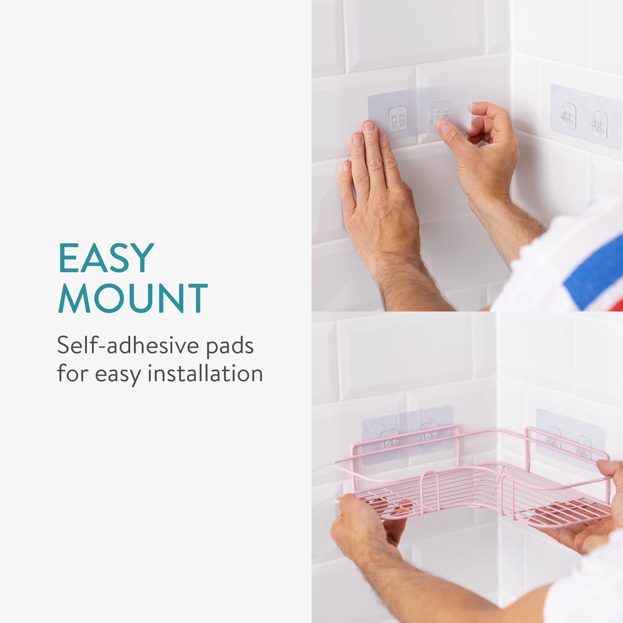 Navaris Self Adhesive Shower Caddy Set of 2 - Waterproof Bathroom Organizer Shelves for Corner Wall Mount - Space Saving Toiletry Shampoo Storage Rack Holder in Pink - Perfect for Small Bathrooms, Apartments and Dorm Rooms