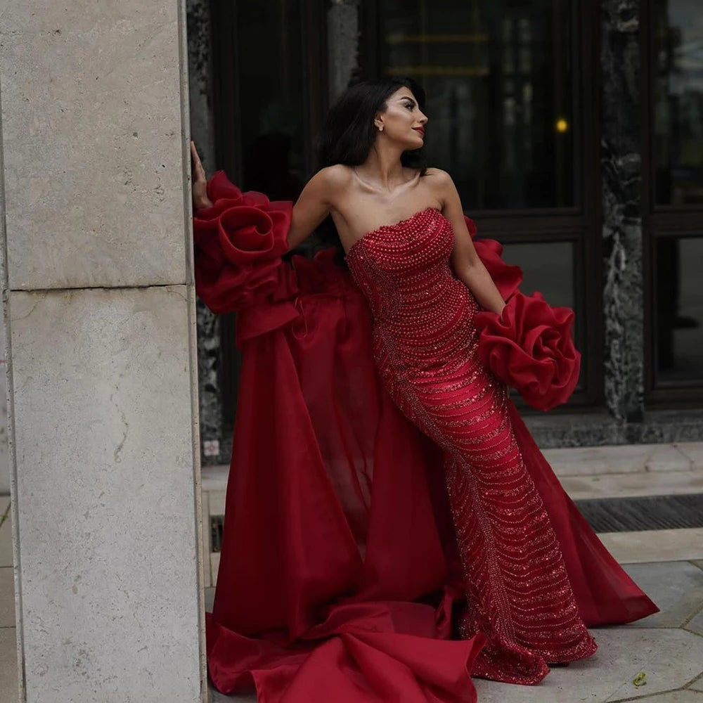 Elegant Red Mermaid Evening Gown with Puff Sleeves & Beaded Overskirt - Women's Formal Party Dress for Prom, Wedding, Gala & Special Occasions