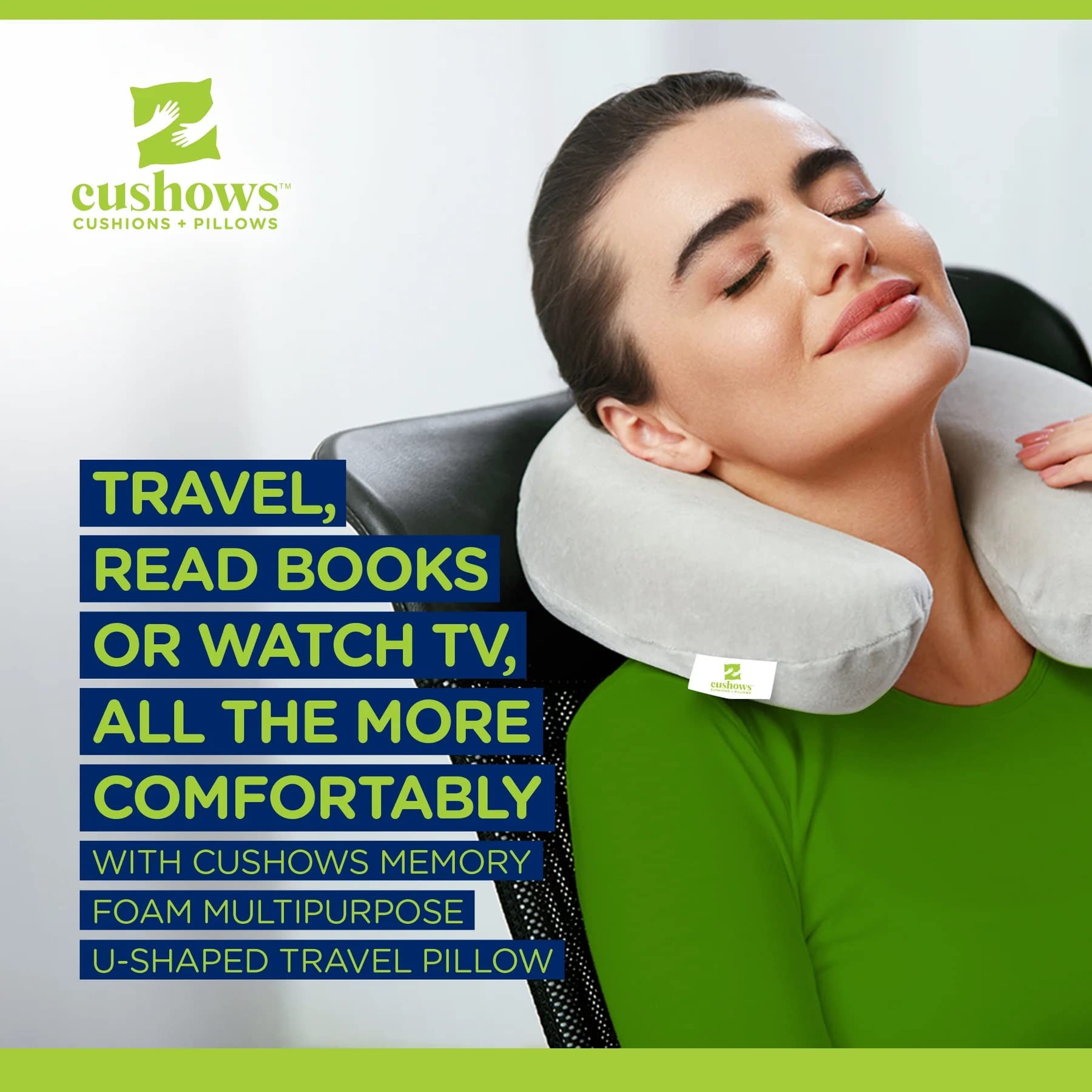 **Cushows Memory Foam Neck Pillow for Travel - Ergonomic U-Shaped Airplane, Car, Train & Bus Neck Support Pillow - Comfortable Head Rest for Men & Women (Blue) - Perfect for Long Flights, Road Trips & Commuting**