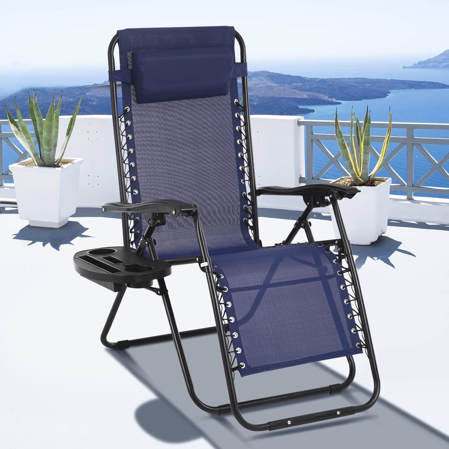 **Portable Folding Zero Gravity Lounge Chair - Adjustable Outdoor Recliner with Mesh Support, Cup Holder & Pillow - 350lbs Capacity - Perfect for Patio, Poolside, Lawn, Deck, Camping & Backyard Relaxation (Blue)**