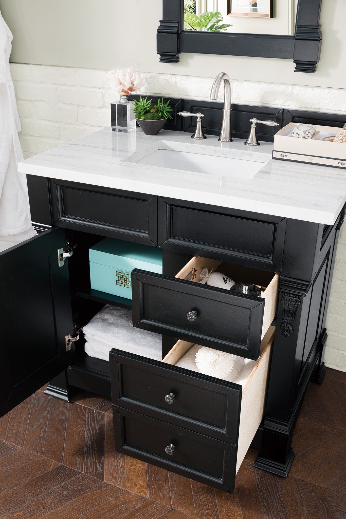 Brookfield 36 Inch Single Bathroom Vanity with Antique Black Finish & 3CM Arctic Fall Solid Surface Top - Perfect for Modern and Traditional Bathroom Designs