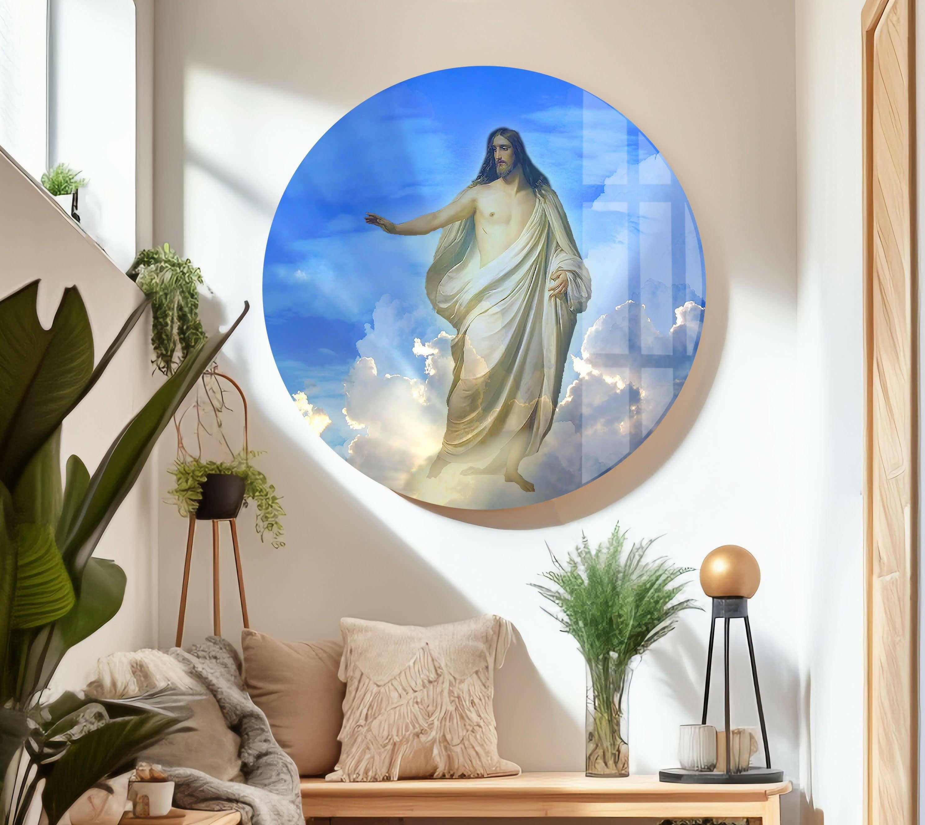 Blue Christian Jesus Cross Glass Wall Art - Handmade Religious Home Decor for Church, Bedroom & Office - Perfect Gift for Faithful Believers