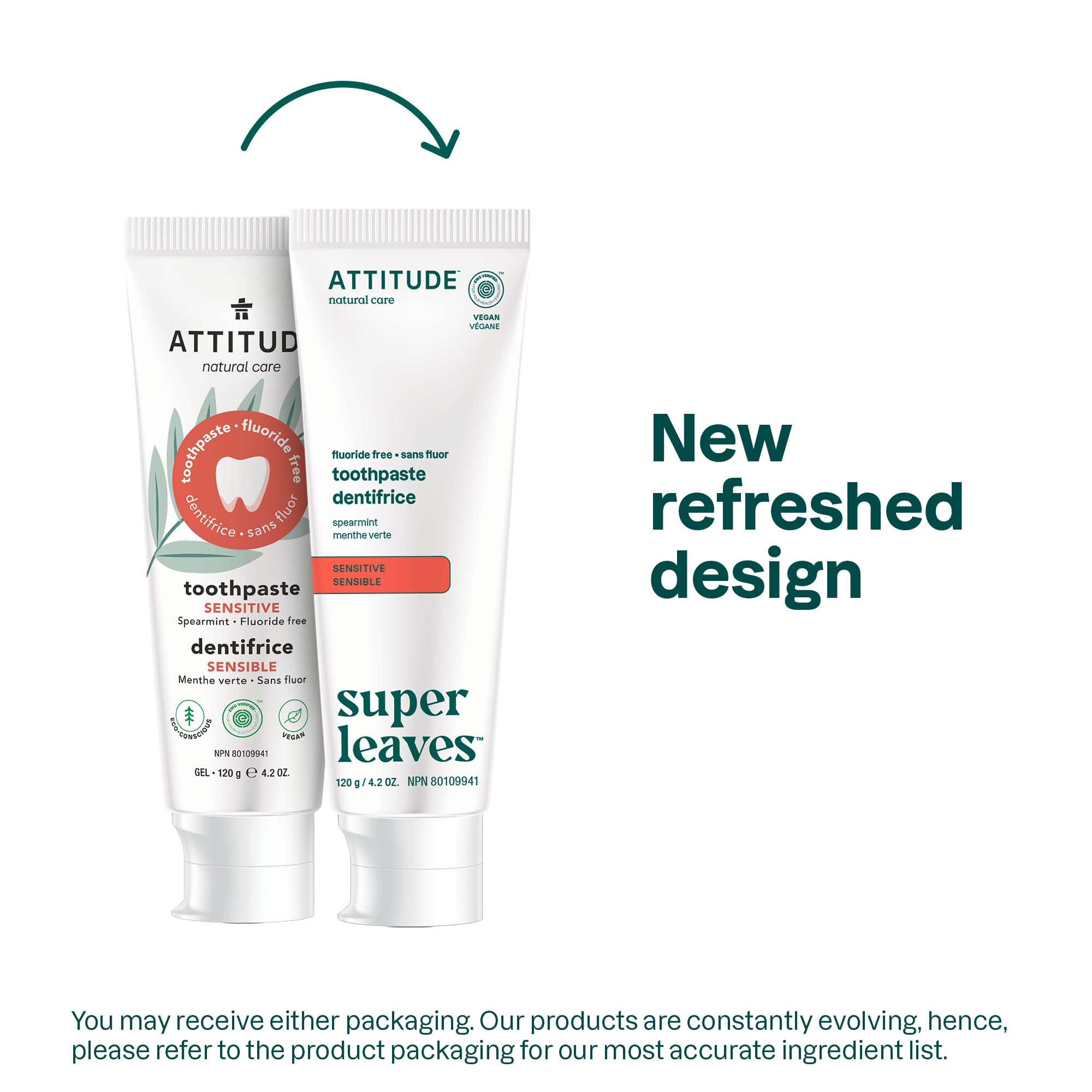 ATTITUDE Fluoride-Free Toothpaste for Sensitive Teeth | Vegan, Cruelty-Free & Sugar-Free | Plant & Mineral Based Formula | Spearmint Flavor 4.2 Oz | Gentle Daily Oral Care for Kids & Adults