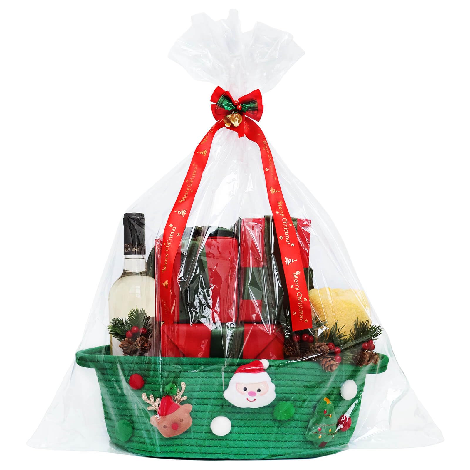 Christmas Gift Basket Set - Small Green Cotton Rope Basket with Gift Bag, Bow Ribbon & Handle | Holiday Wrapping Storage Solution for Toys, Snacks & Home Decor | Perfect Xmas Gifts for Women, Men & Kids | Great for Holiday Parties, Gift Exchanges & Festive Home Decor