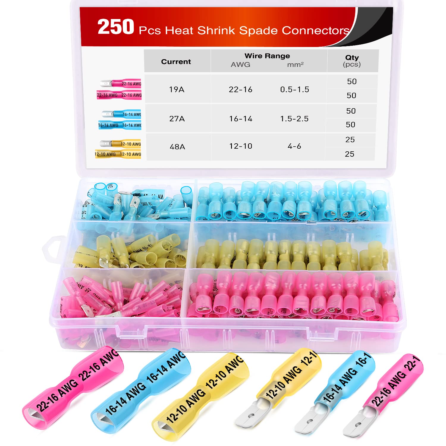 Nilight 250 PCS Heat Shrink Spade Connectors - Quick Disconnect Electrical Terminals, Fully Insulated Male & Female Wire Connectors with 2 Year Warranty | Ideal for Automotive, Marine & Home Electrical Wiring Projects