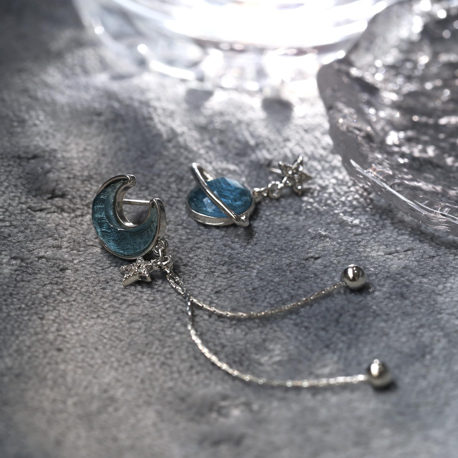 Blue Moon & Saturn Dangle Earrings - Asymmetric Space-Themed Moonstone & Rhinestone Star Earrings in 925 Sterling Silver | Women's Jewelry Gift for Parties, Date Nights & Special Occasions
