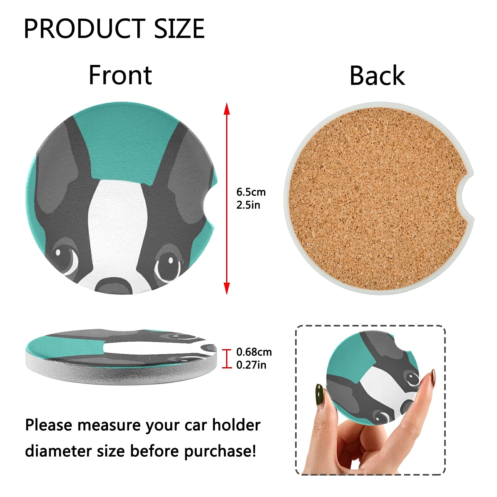 Boston Terrier Dog Car Coasters 2 Pack - Absorbent Ceramic Cup Holder Coasters for Drinks, Cute Car Accessories for Men & Women (2.56in) - Perfect for Road Trips, Commuting & Preventing Cup Stains
