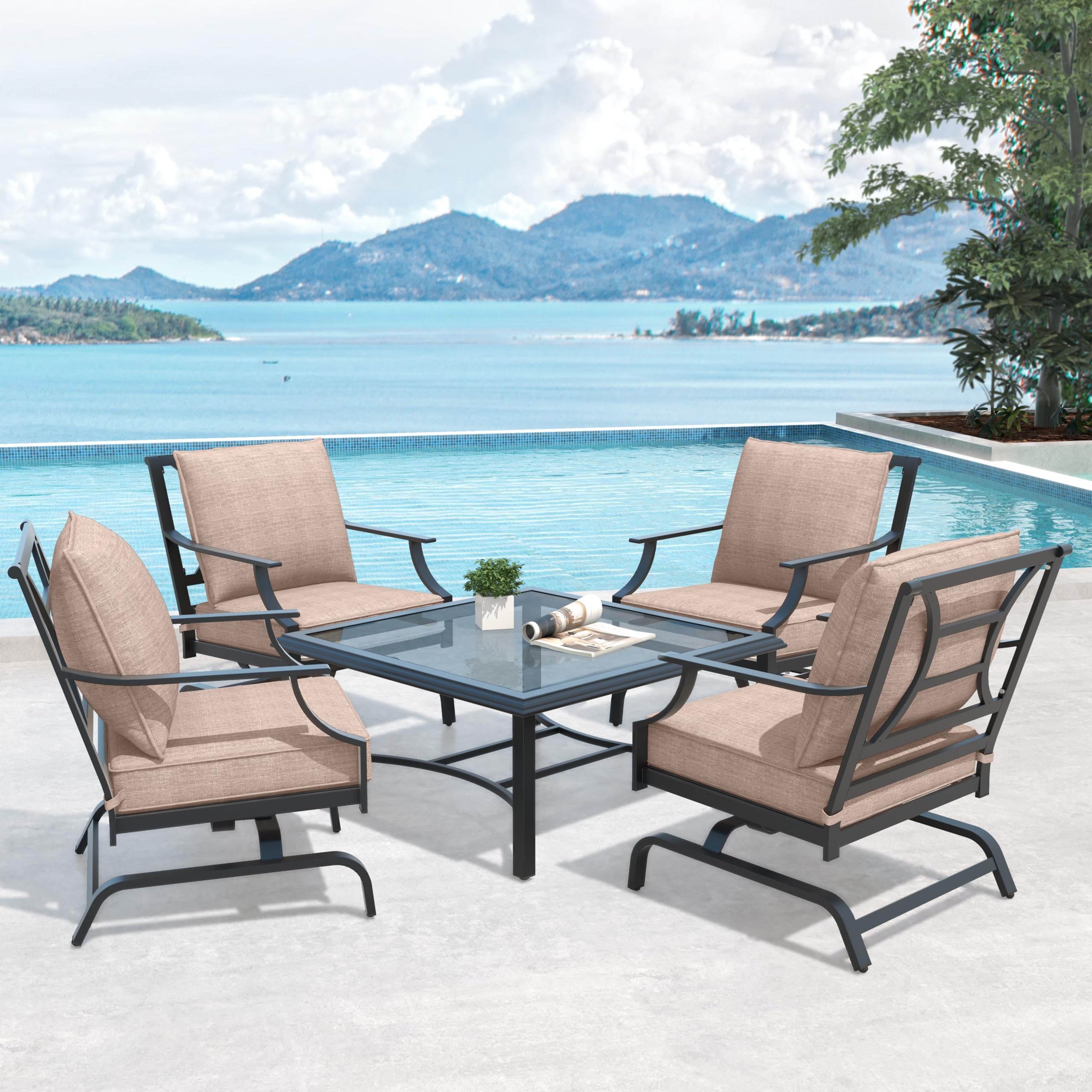 5-Piece Outdoor Patio Furniture Set with Rocking Chairs & Coffee Table - Beige Olefin Cushions - Perfect for Backyard, Porch, Garden & Poolside Relaxation