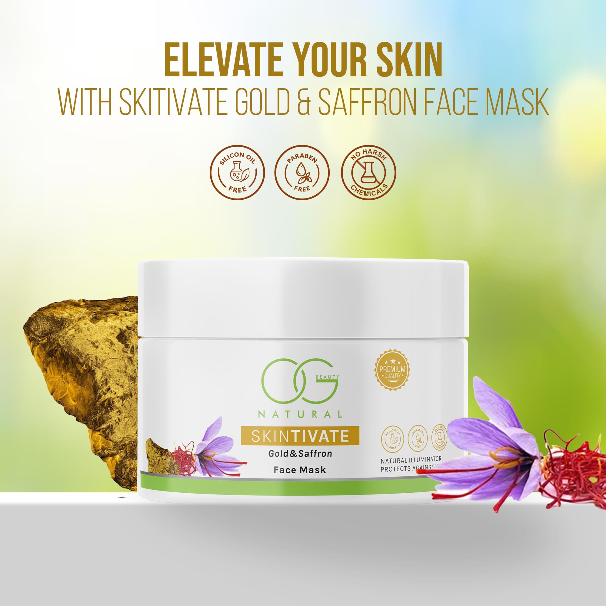 OG BEAUTY Natural Skintivate Gold & Saffron Face Mask - Anti-Aging Antioxidant Treatment with Brightening Effects | UV Protection | 125g | For Glowing Skin & Nighttime Skincare Routine
