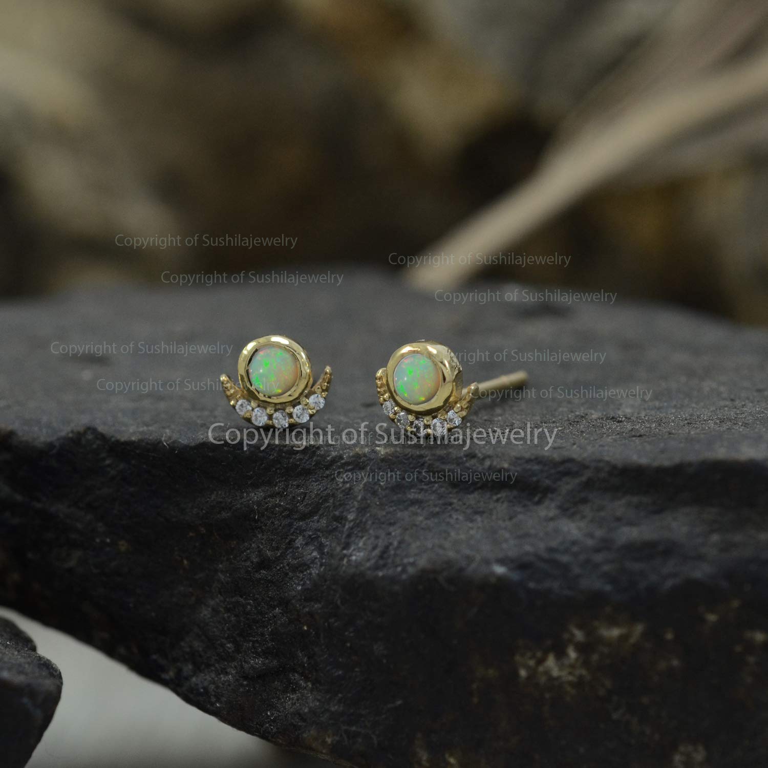 14K Yellow Gold Ethiopian Opal Crescent Moon Stud Earrings | Handmade Minimalist Diamond Accent Jewelry | Perfect Gift for Women, Birthday, Anniversary & Special Occasions